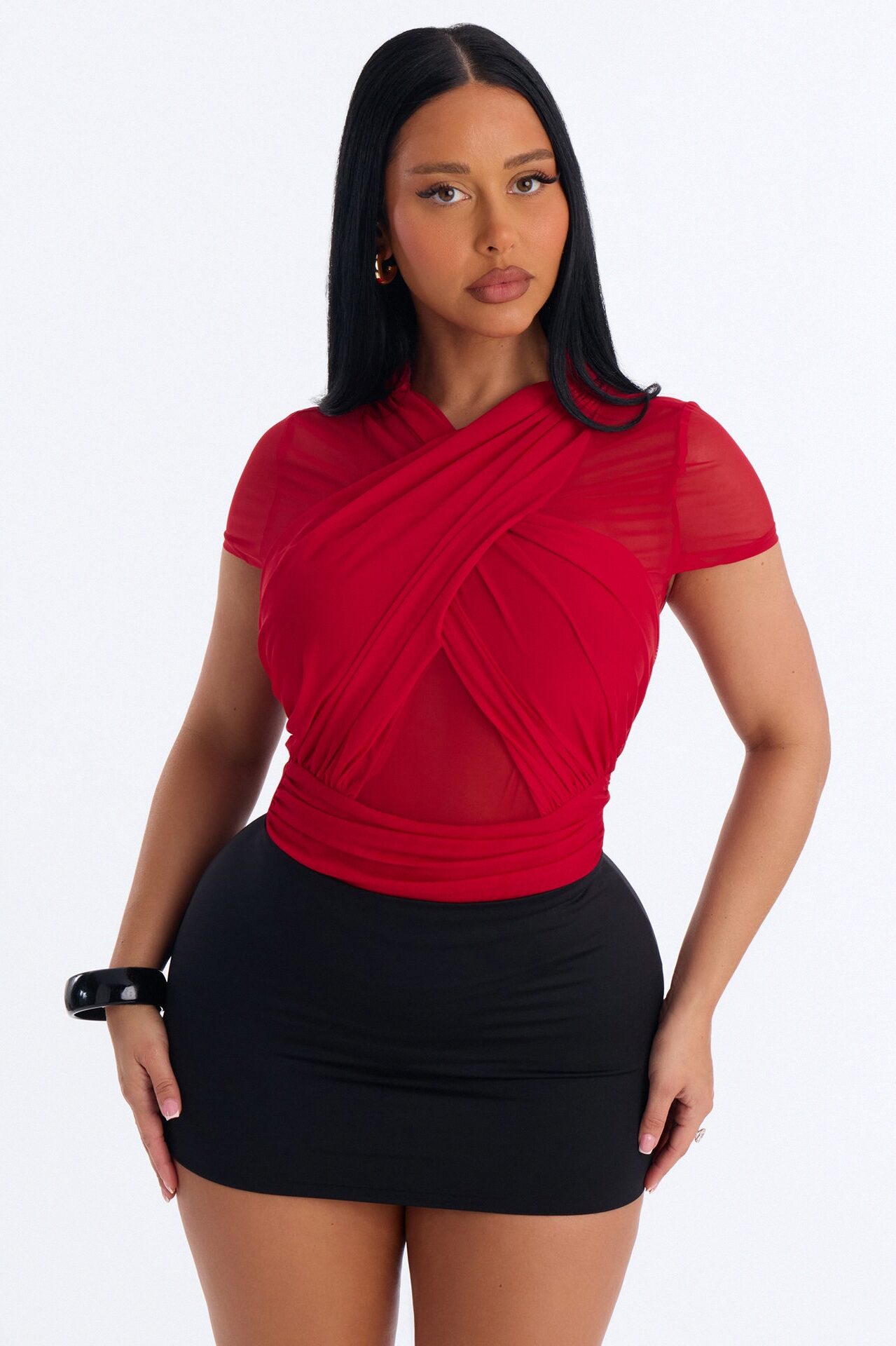 Serena Short Sleeve Mesh Bodysuit - Red