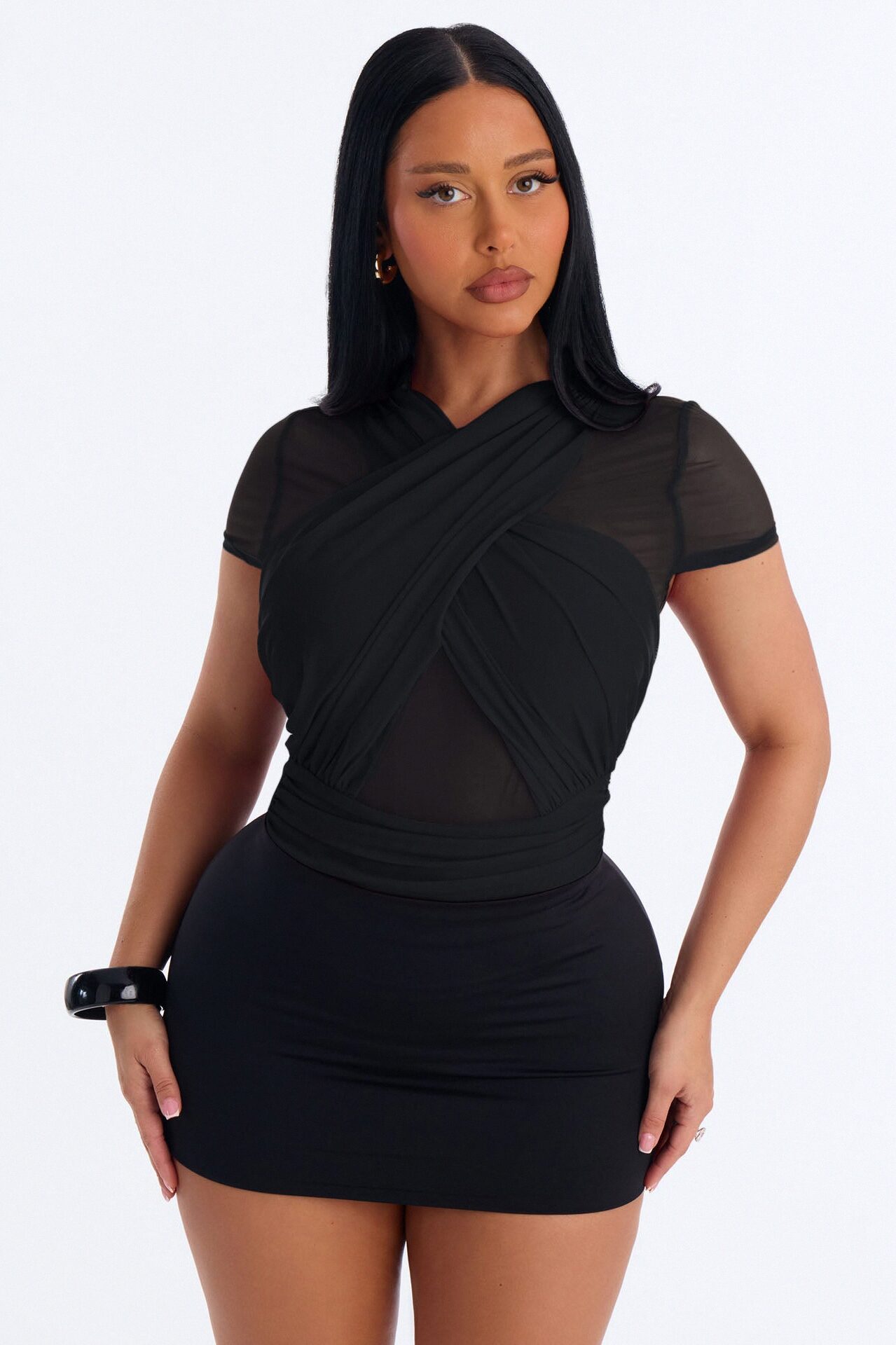 Serena Short Sleeve Mesh Bodysuit - Black