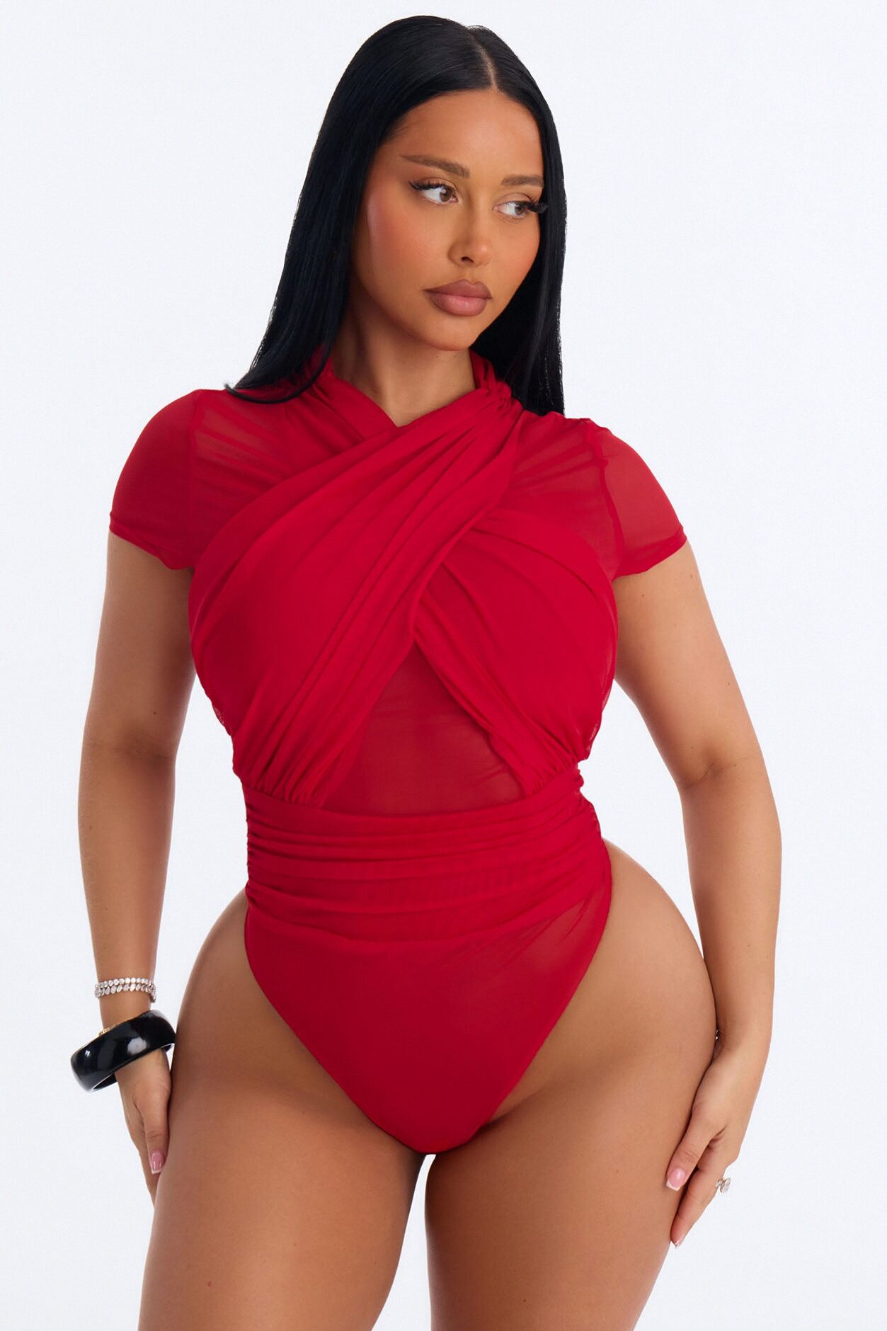 Serena Short Sleeve Mesh Bodysuit - Red