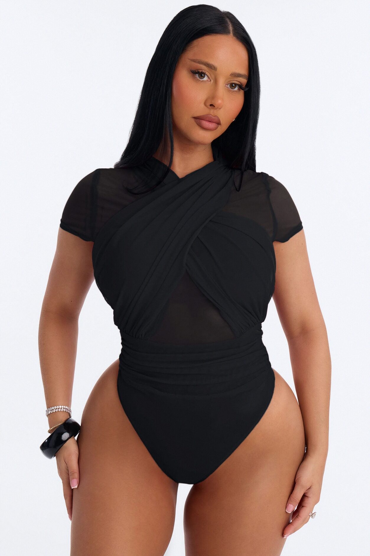 Serena Short Sleeve Mesh Bodysuit - Black