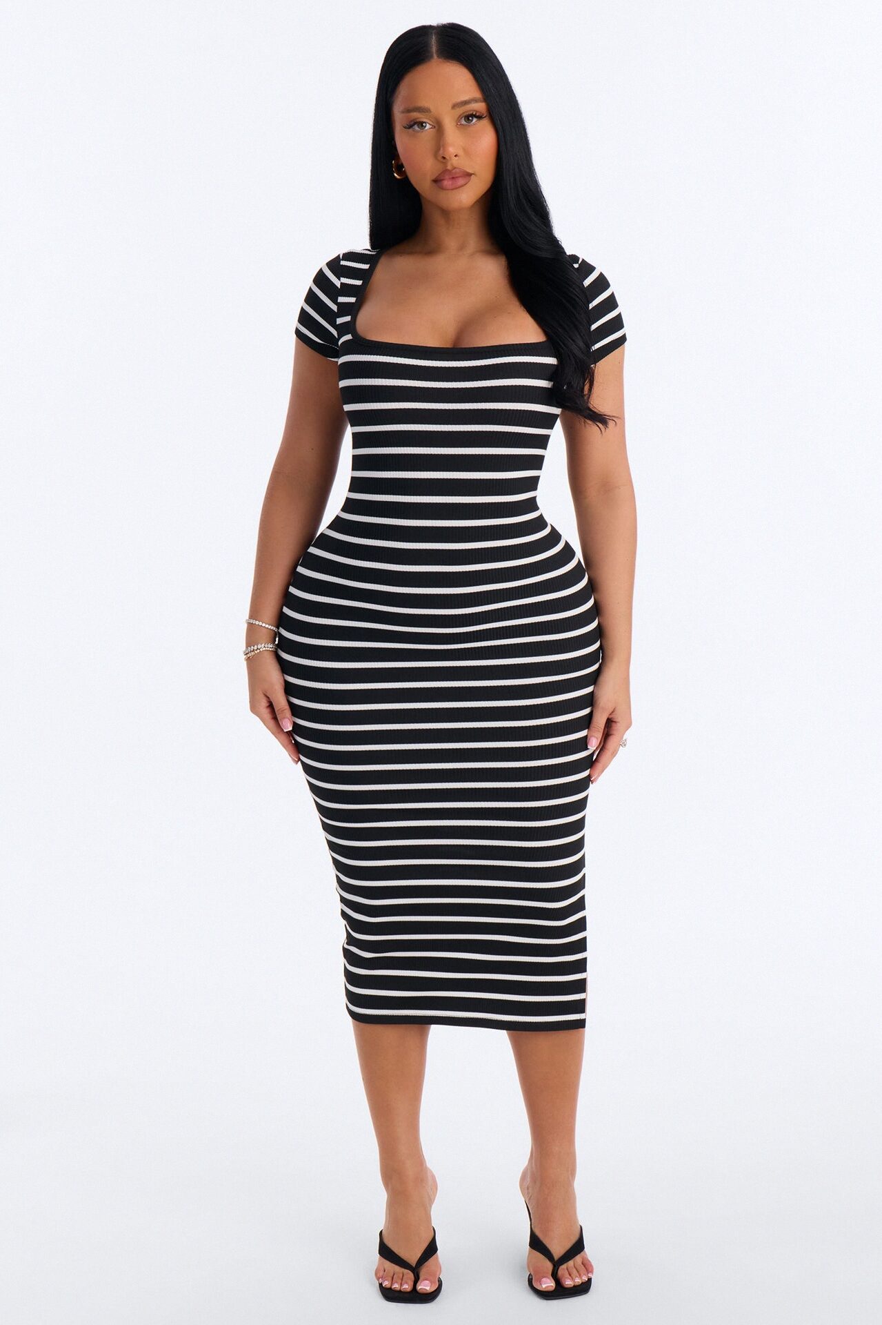 Emma Short Sleeve Striped Midi Dress - Black/White