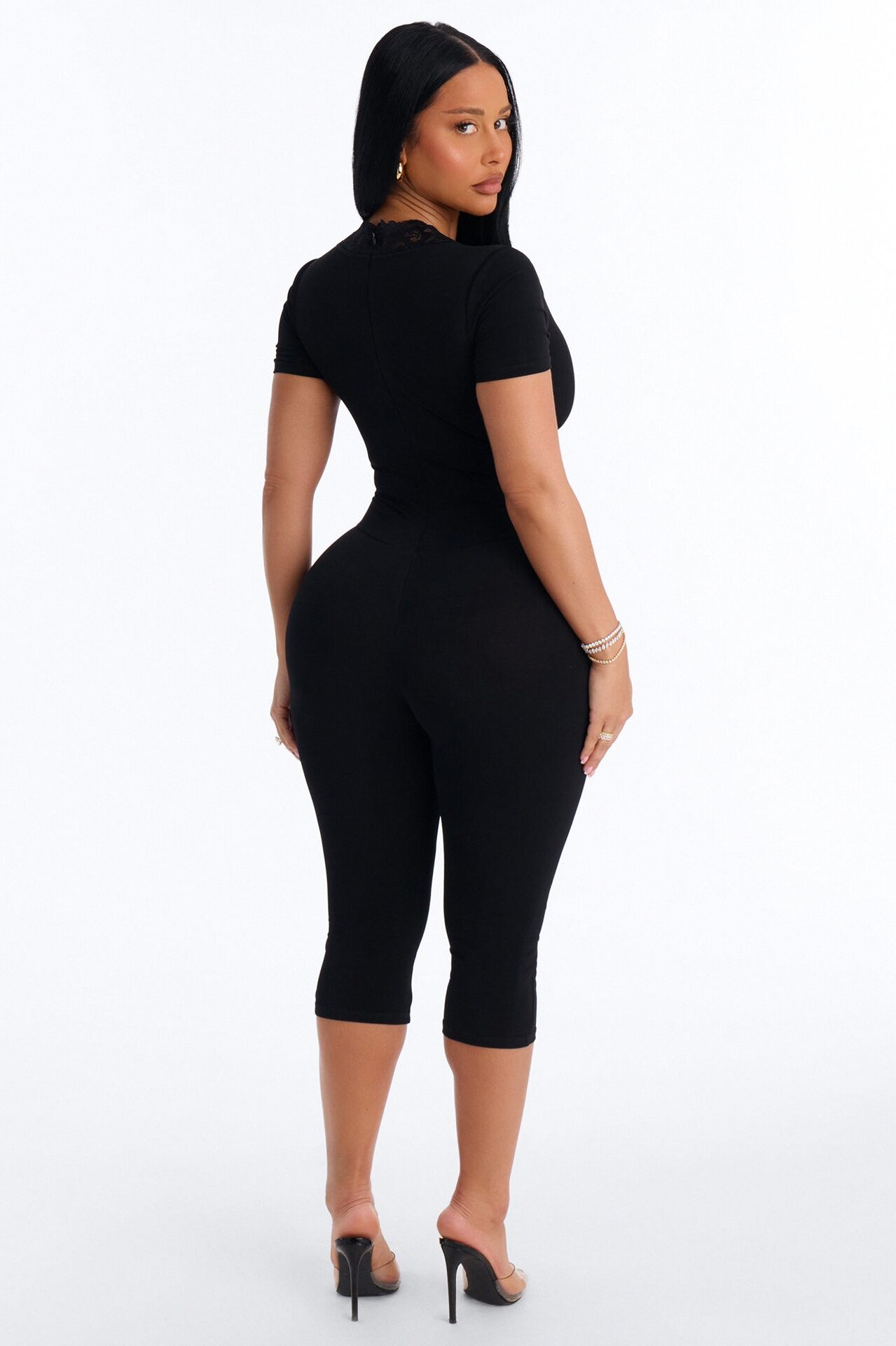 Priscilla Lace Trim Capri Catsuit - Black