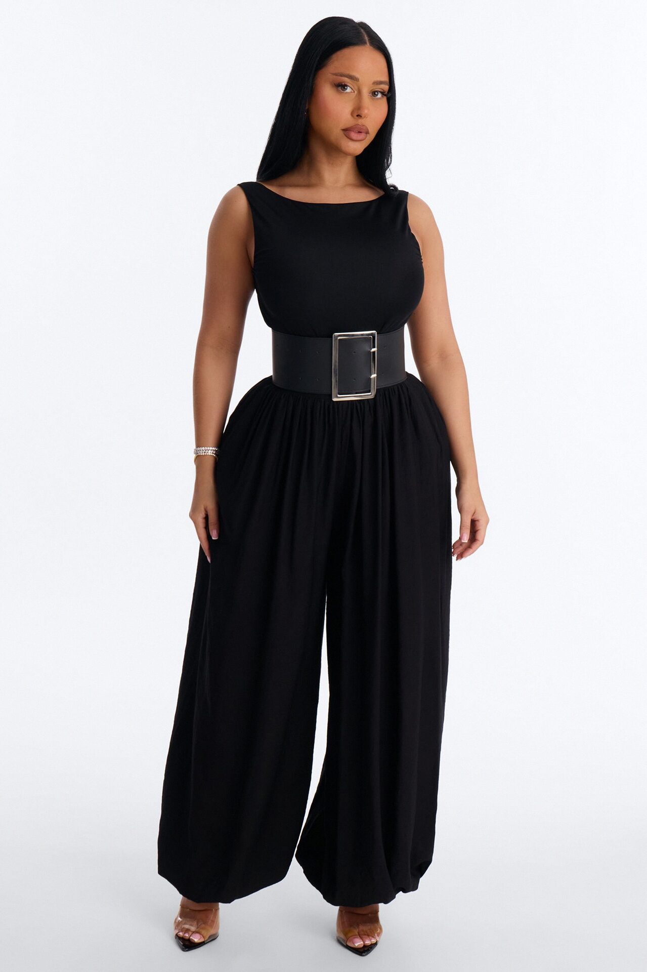 Lacy Belted Balloon Jumpsuit - Black