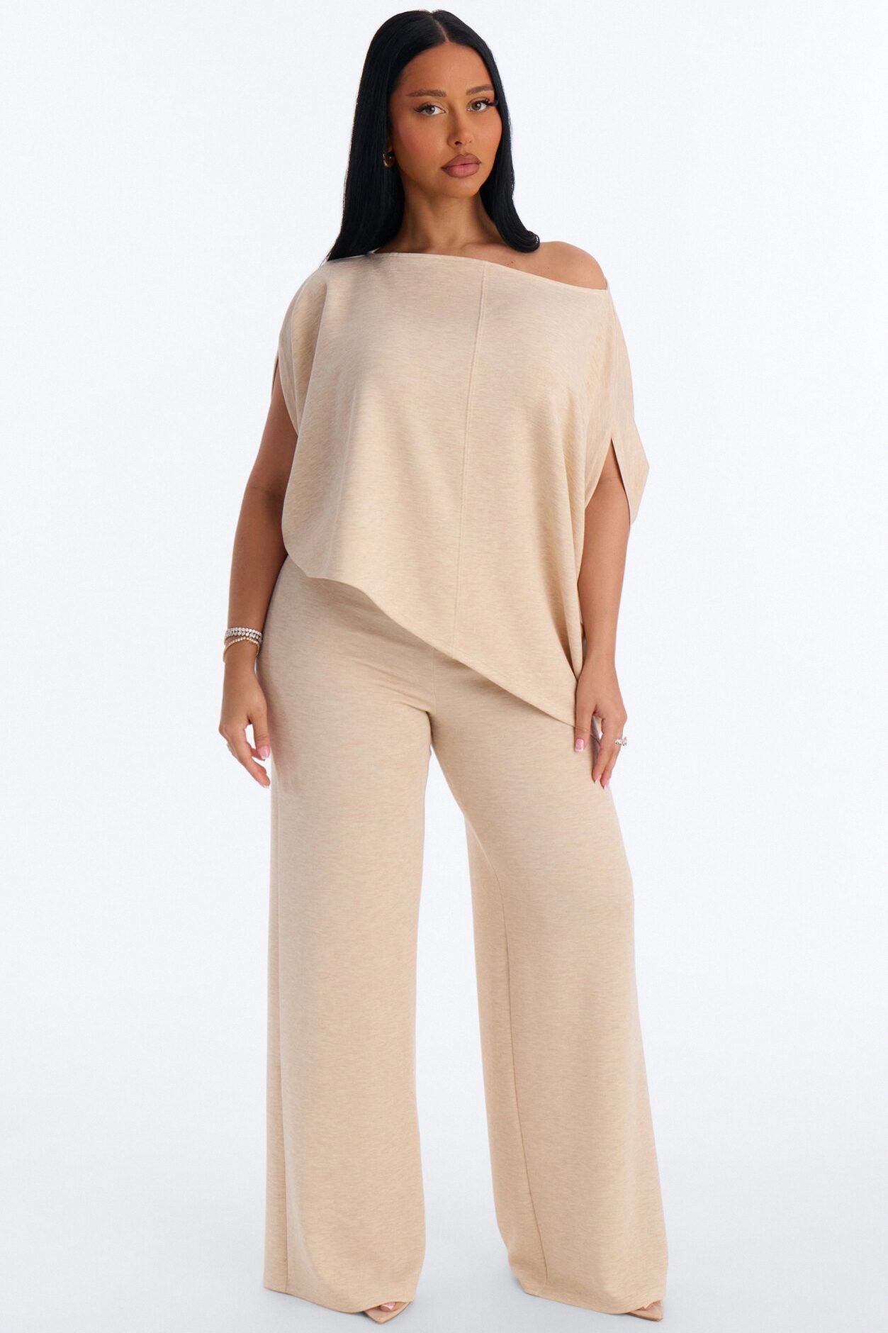 Alina One Shoulder Scuba Pant Set - Oatmeal