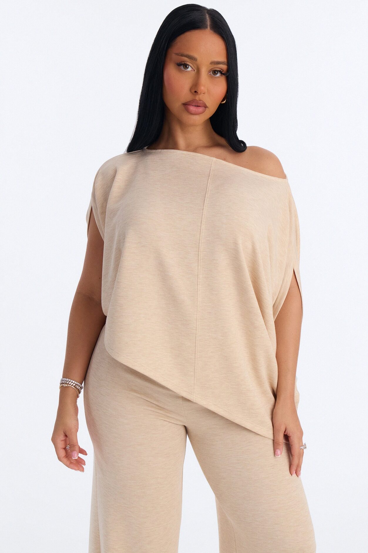 Alina One Shoulder Scuba Pant Set - Oatmeal