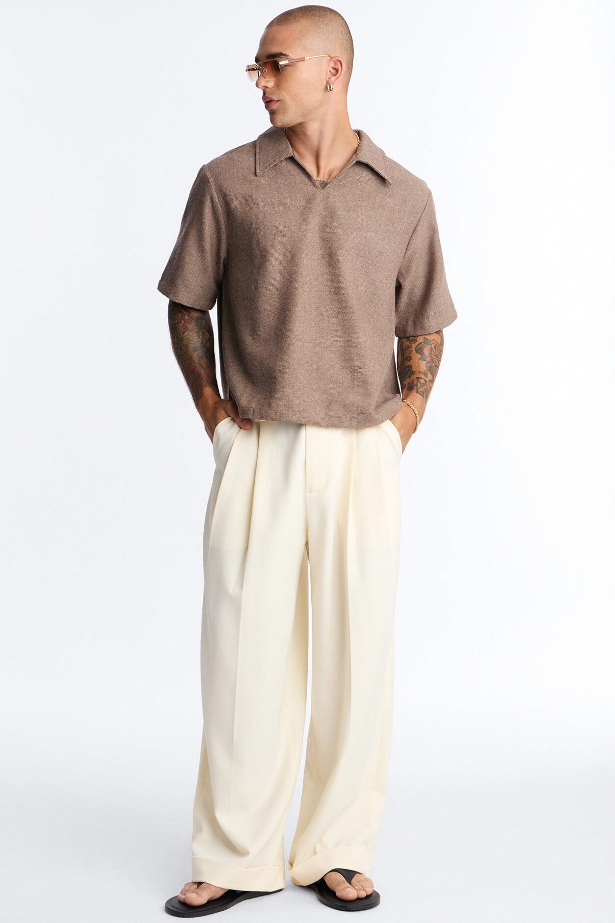 Maison Tailored Textured Boxy Cropped Polo - Brown