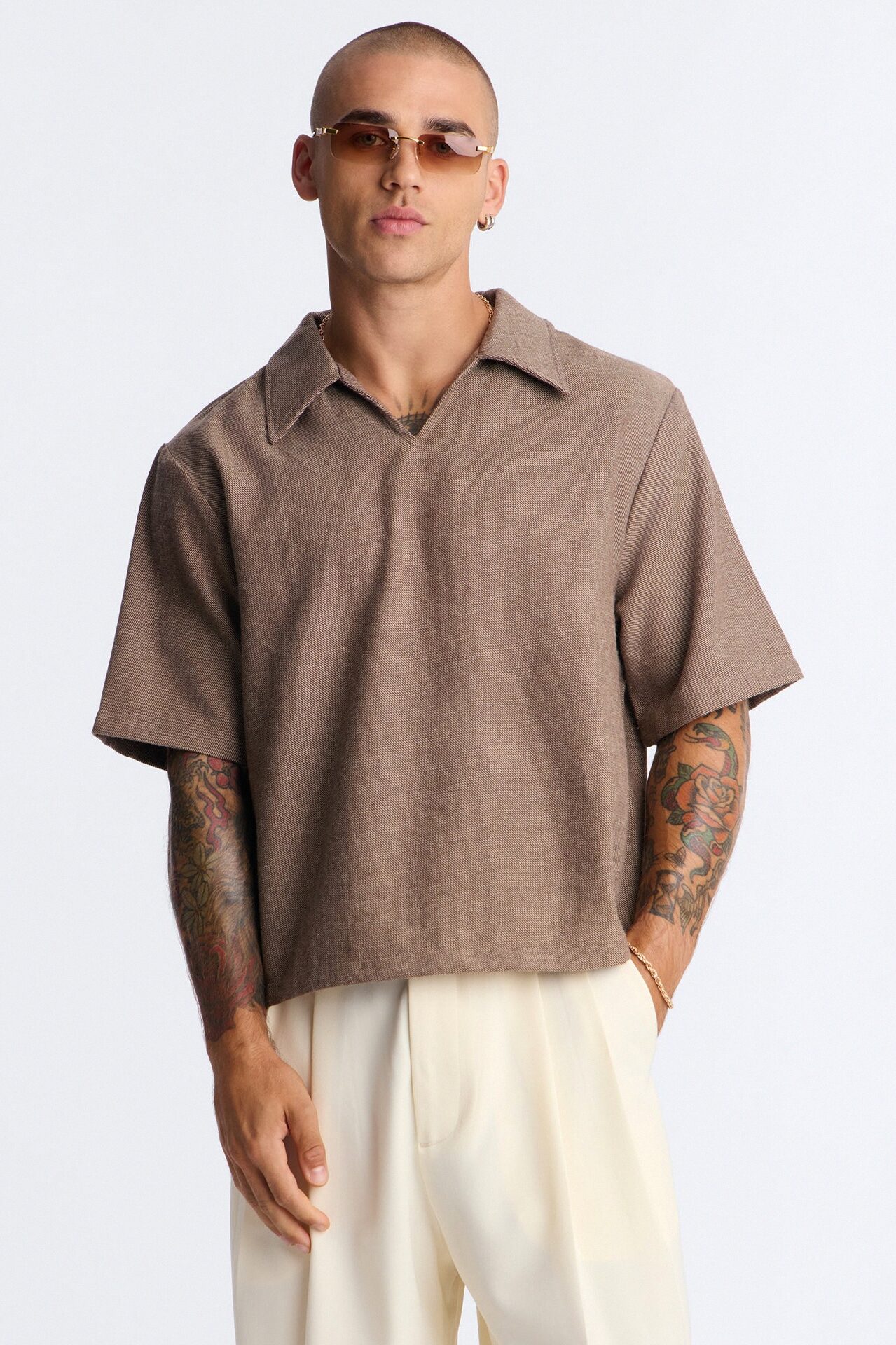 Maison Tailored Textured Boxy Cropped Polo - Brown