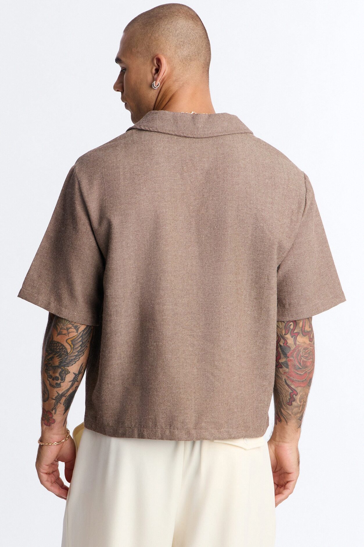 Maison Tailored Textured Boxy Cropped Polo - Brown
