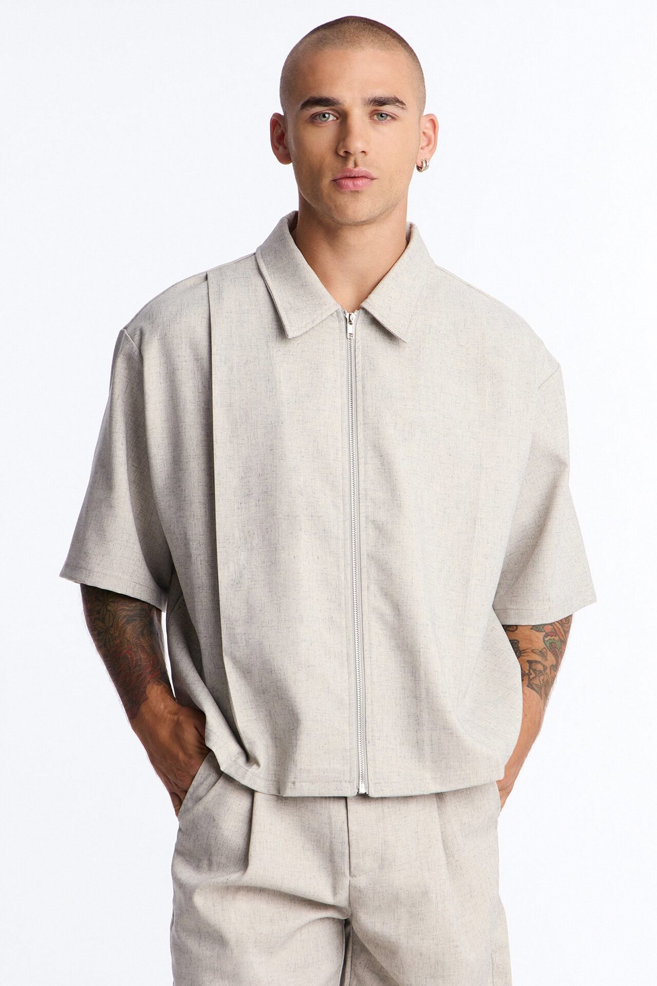 Maison Tailored Boxy Cropped Zip Up Shirt - Khaki