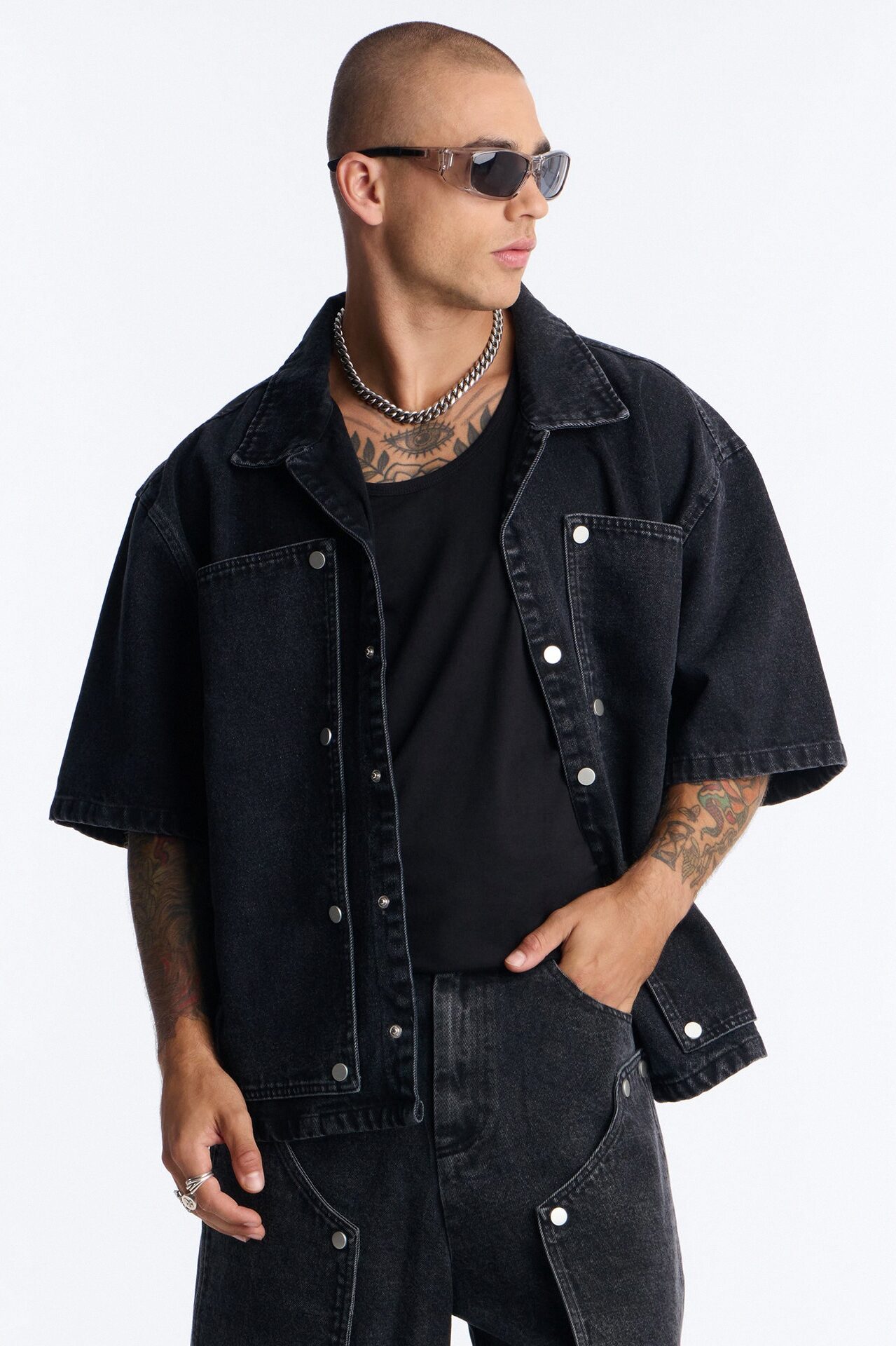 Boxy Utility Snap Panel Button Up Shirt - Black Wash