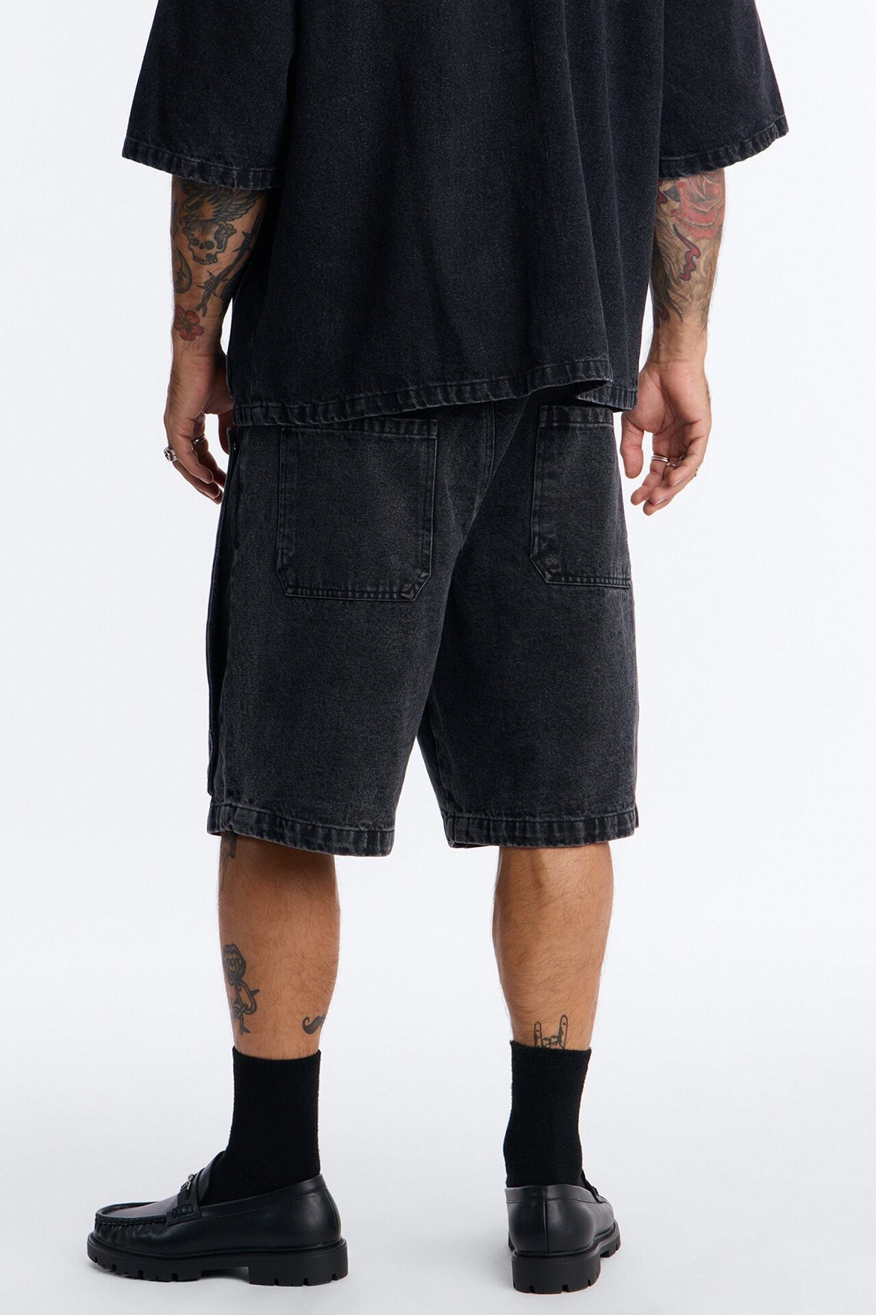 Baggy Utility Snap Panel Denim Short - Black Wash
