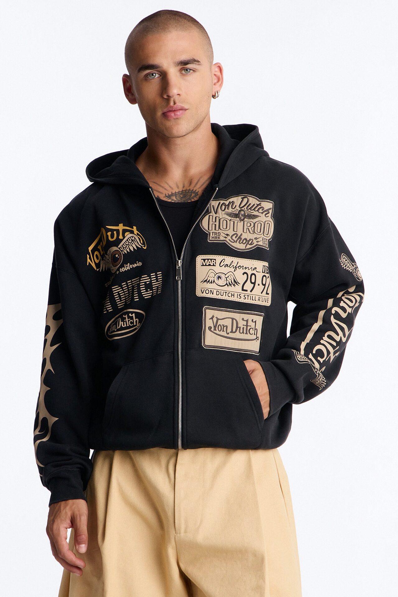 Von Dutch Embroidery Patches Oversized Zip Hoodie - Black Wash