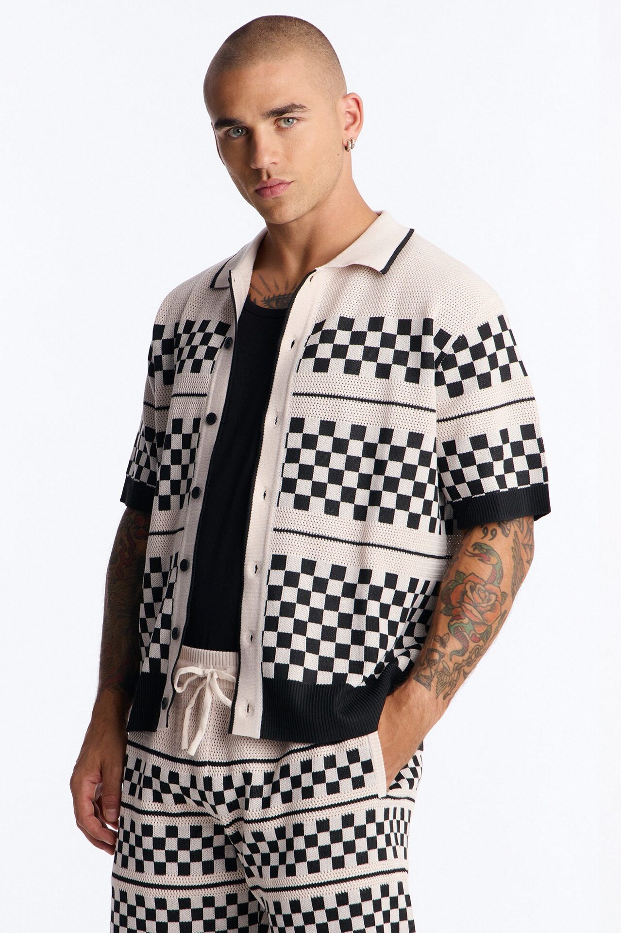 Knitted Pawn Checker Button Up Shirt - Black/combo