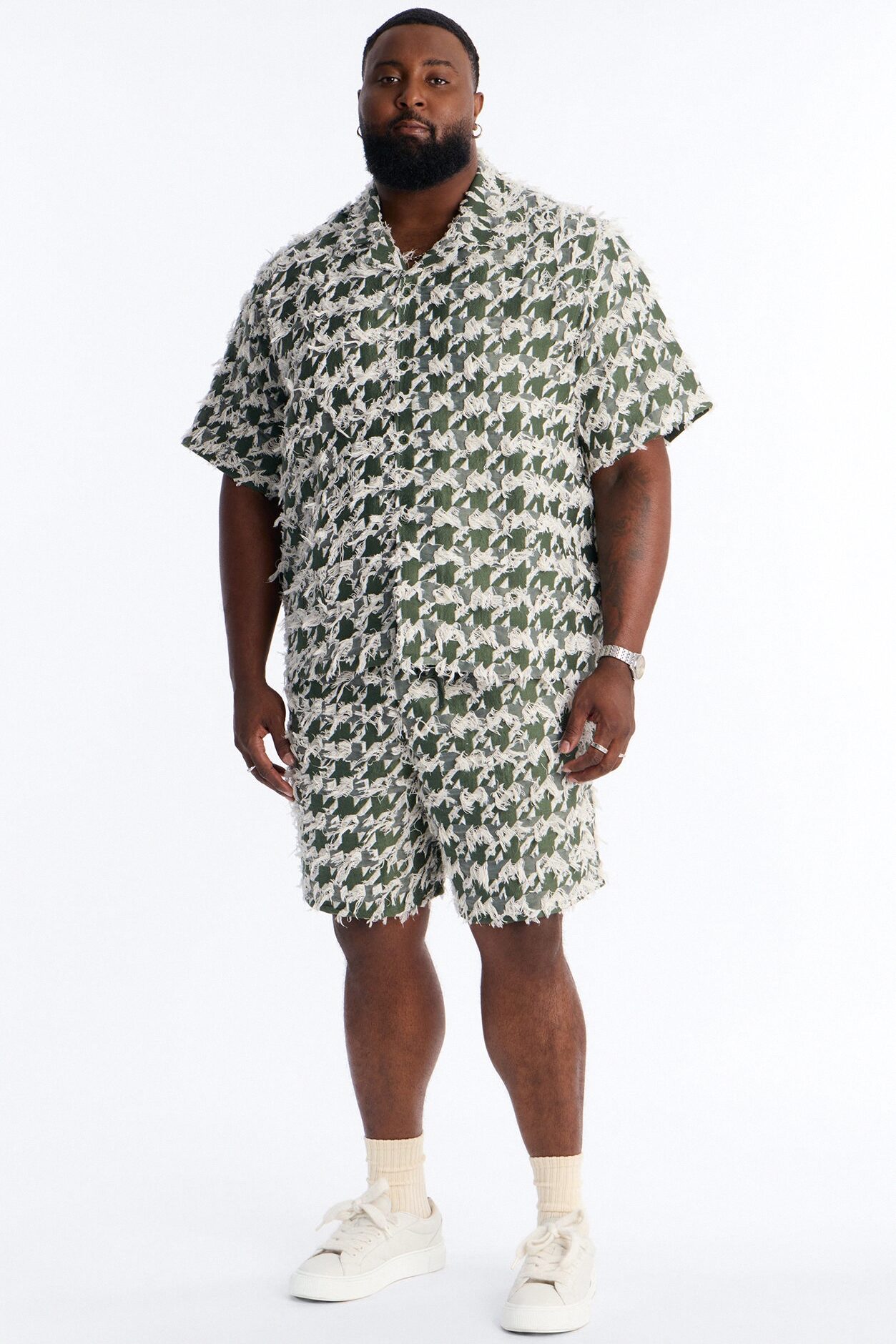 Relaxed Houndstooth Nomad Cuban Collar Button Up Shirt - Green