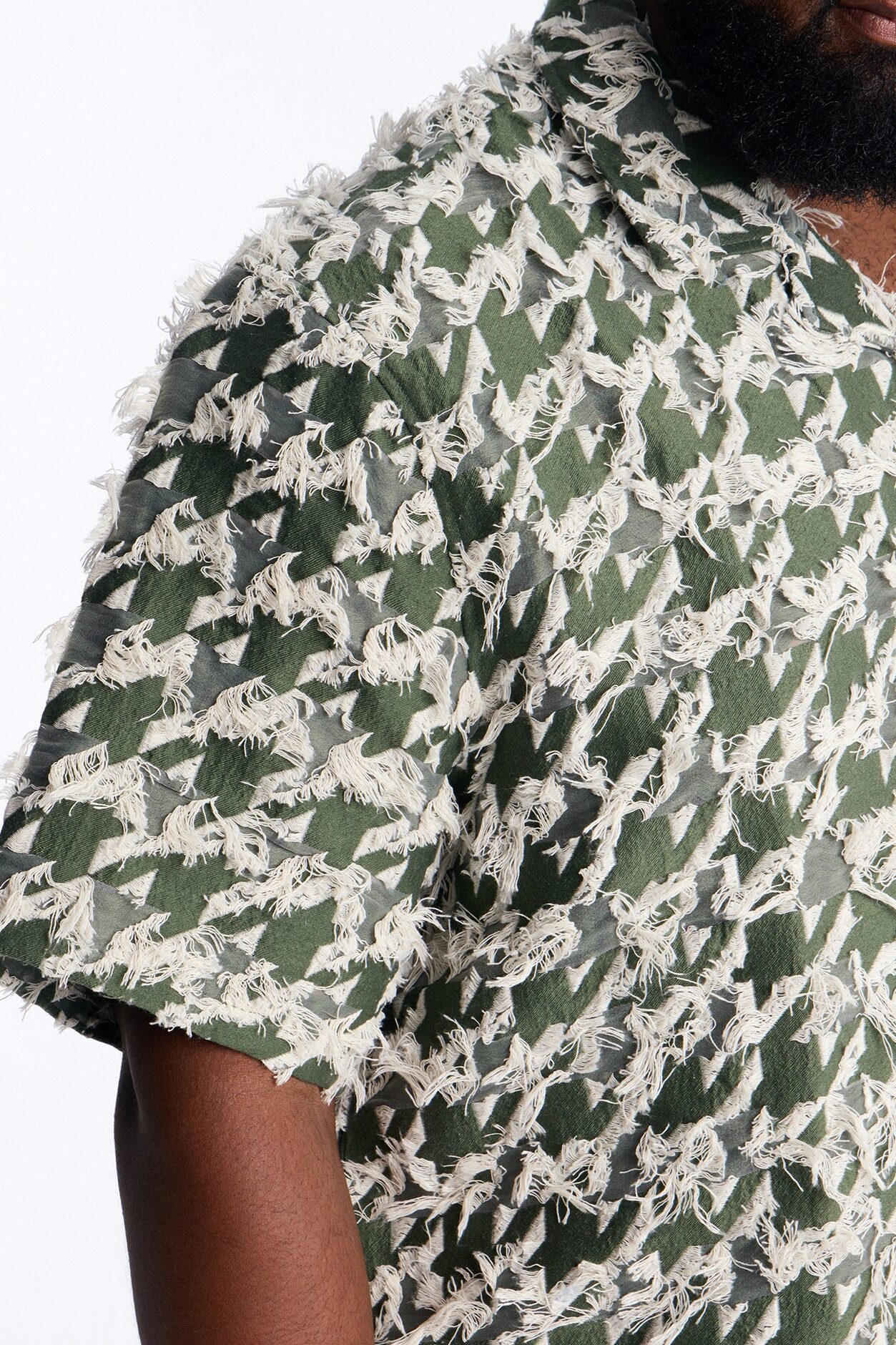 Relaxed Houndstooth Nomad Cuban Collar Button Up Shirt - Green