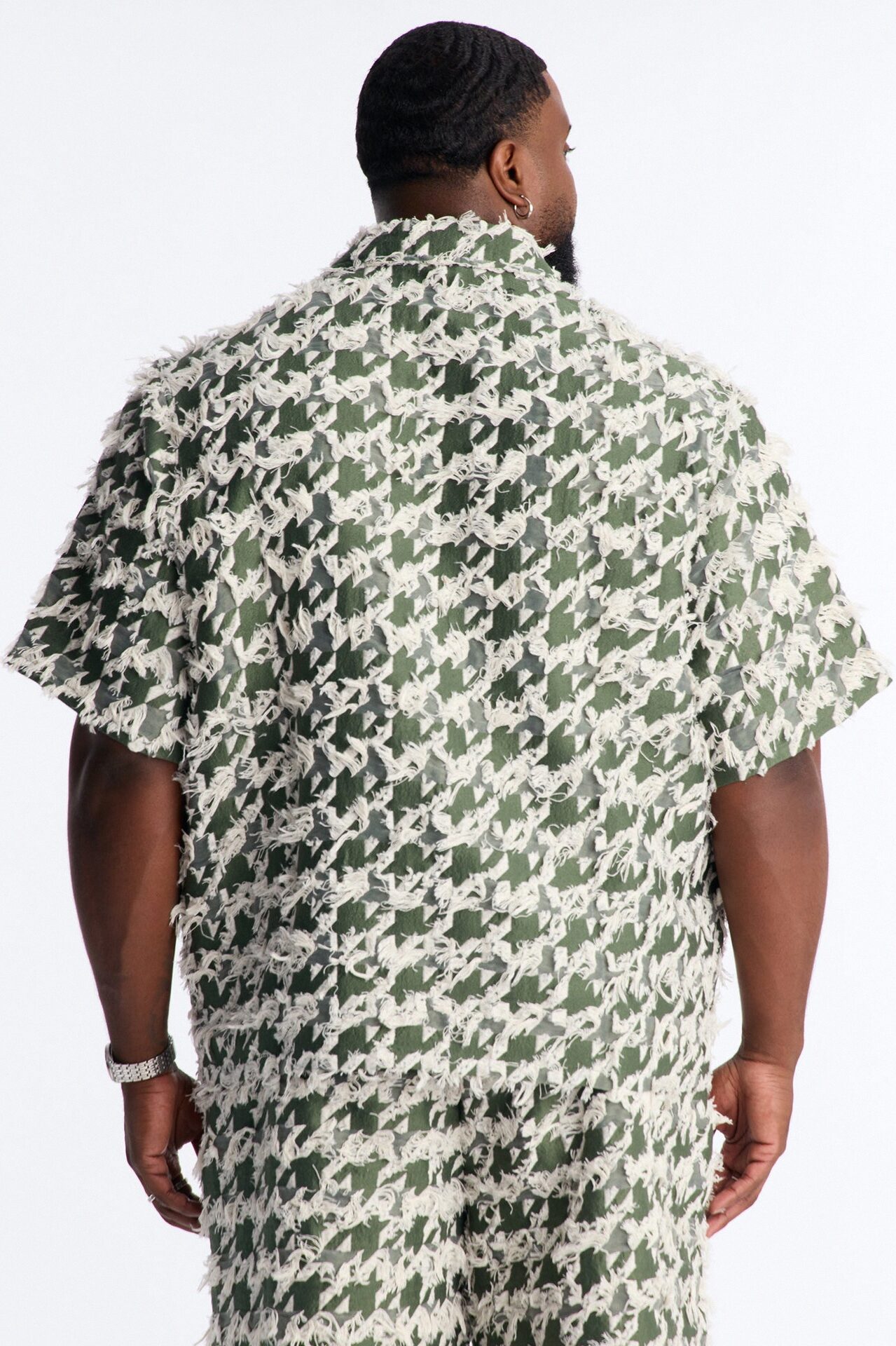 Relaxed Houndstooth Nomad Cuban Collar Button Up Shirt - Green