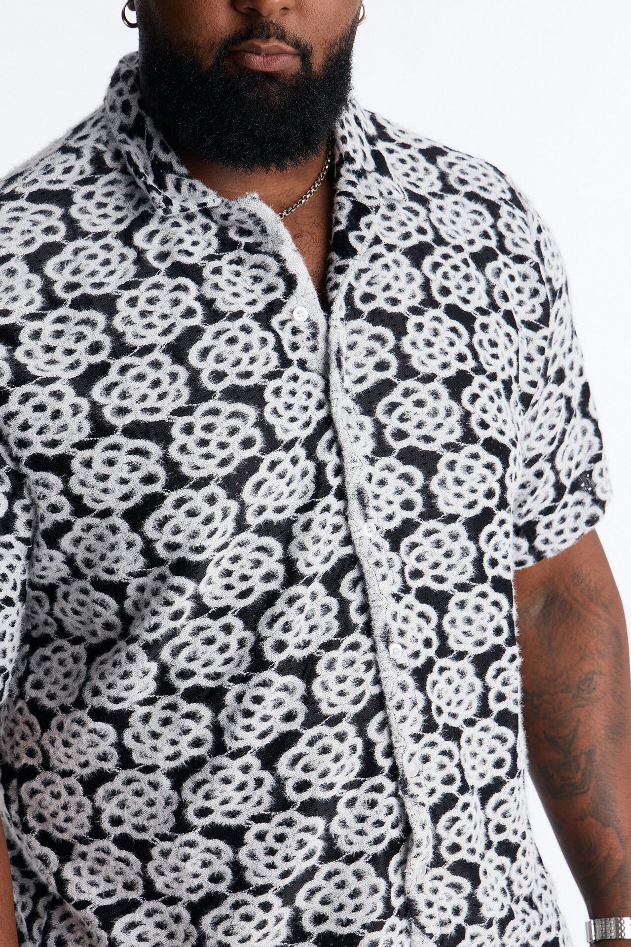 Snow Leopard Drift Cuban Collar Shirt - Black/White