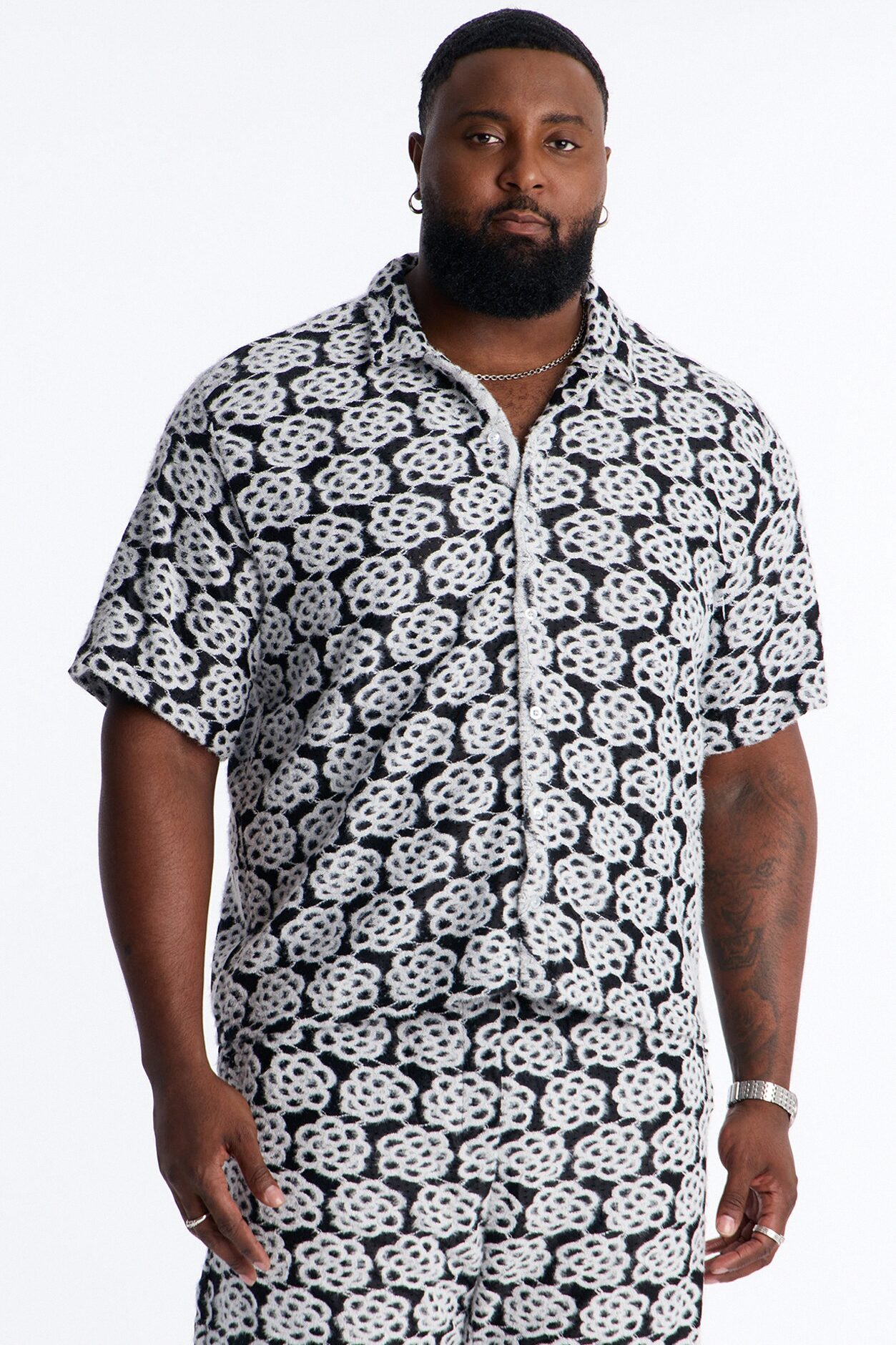 Snow Leopard Drift Cuban Collar Shirt - Black/White