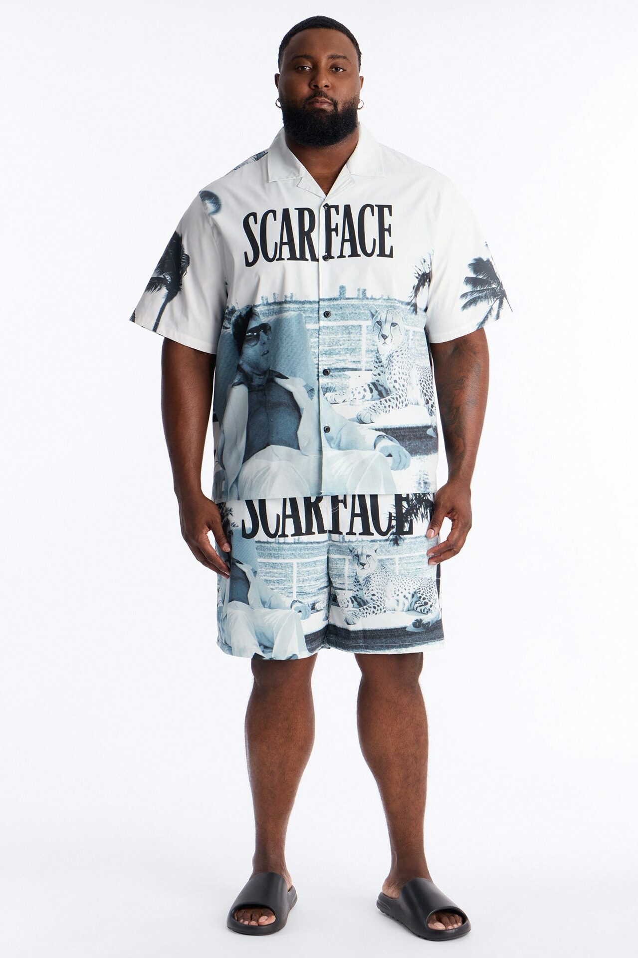 Relaxed Scarface Poolside Photoreal Cuban Collar Button Up Shirt - White