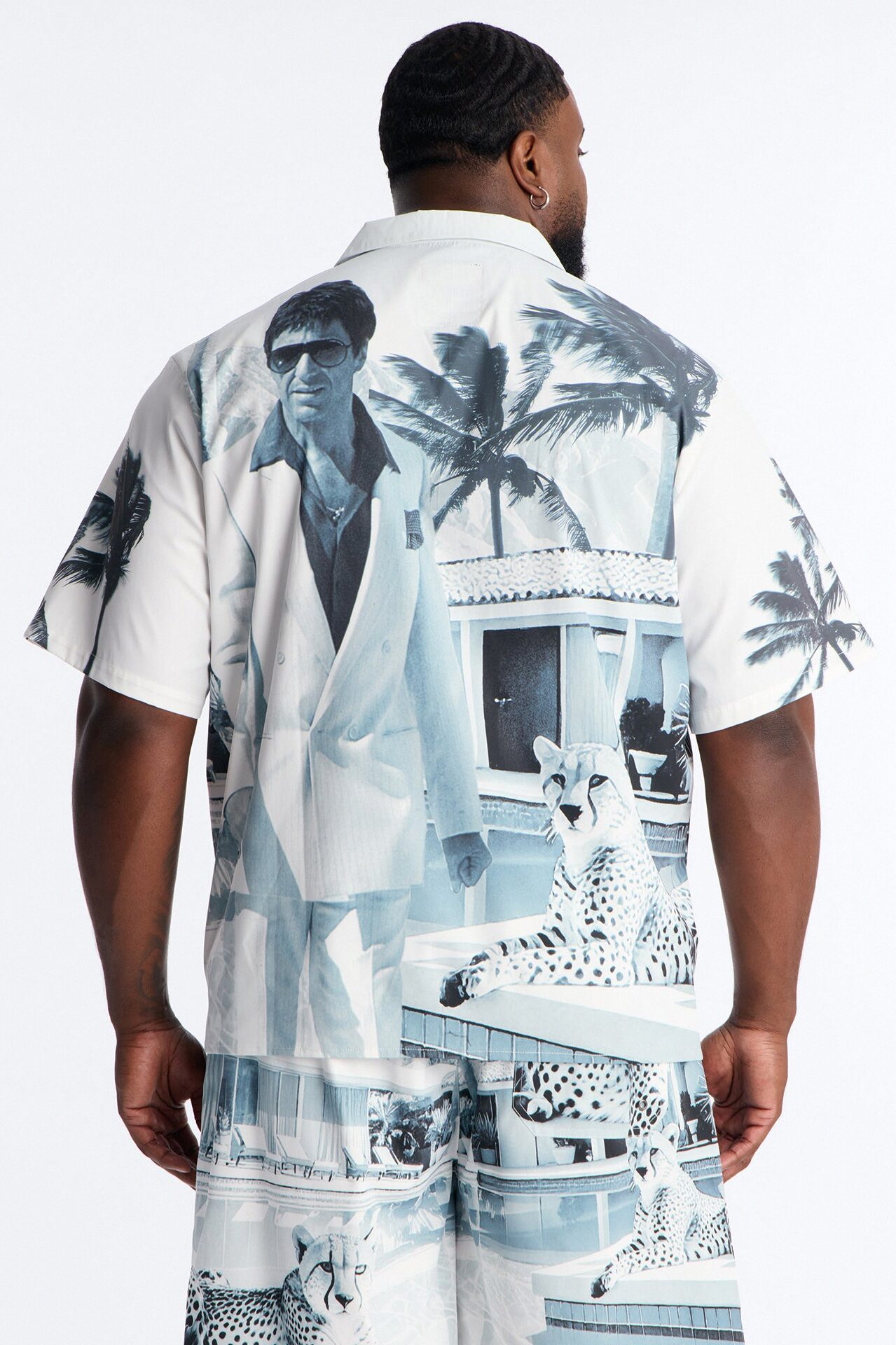 Relaxed Scarface Poolside Photoreal Cuban Collar Button Up Shirt - White