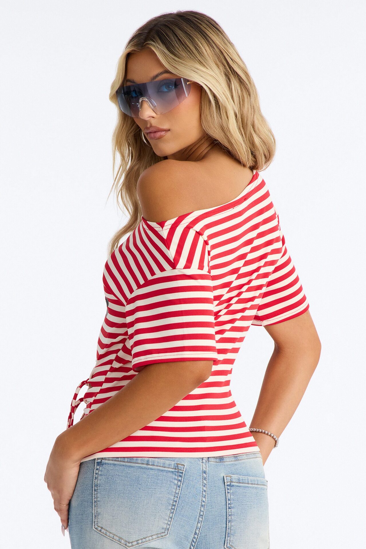 Miss Adore Striped Off Shoulder Tee - Red