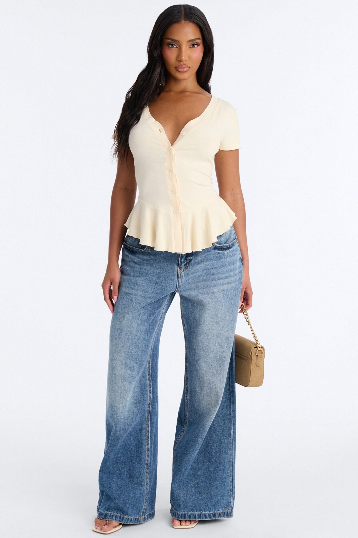 Arrow Short Sleeve Button Up Top - Ivory