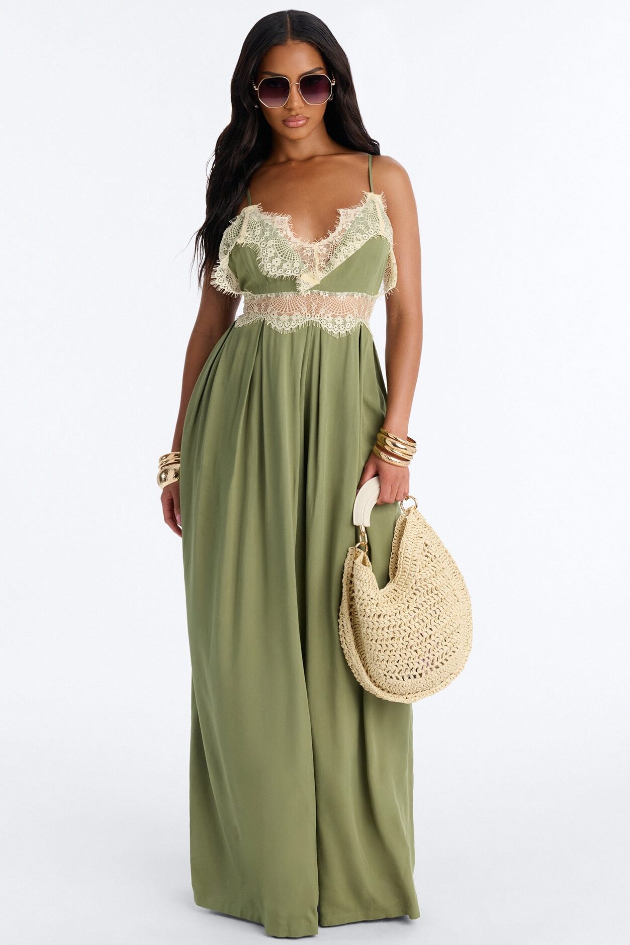 Karmen Lace Trim Wide Leg Jumpsuit - Olive