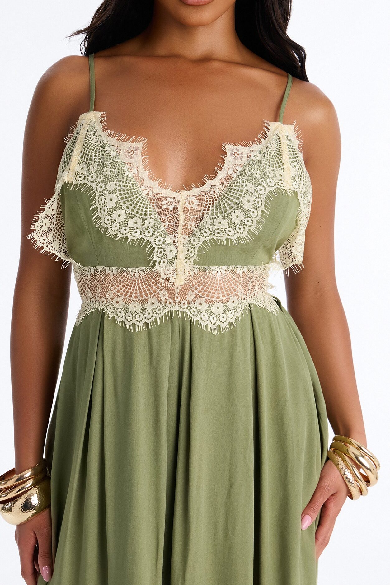 Karmen Lace Trim Wide Leg Jumpsuit - Olive