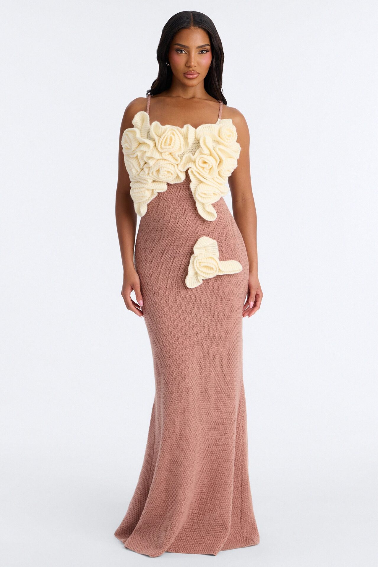 Renae Floral Applique Knit Maxi Dress - Mocha/combo
