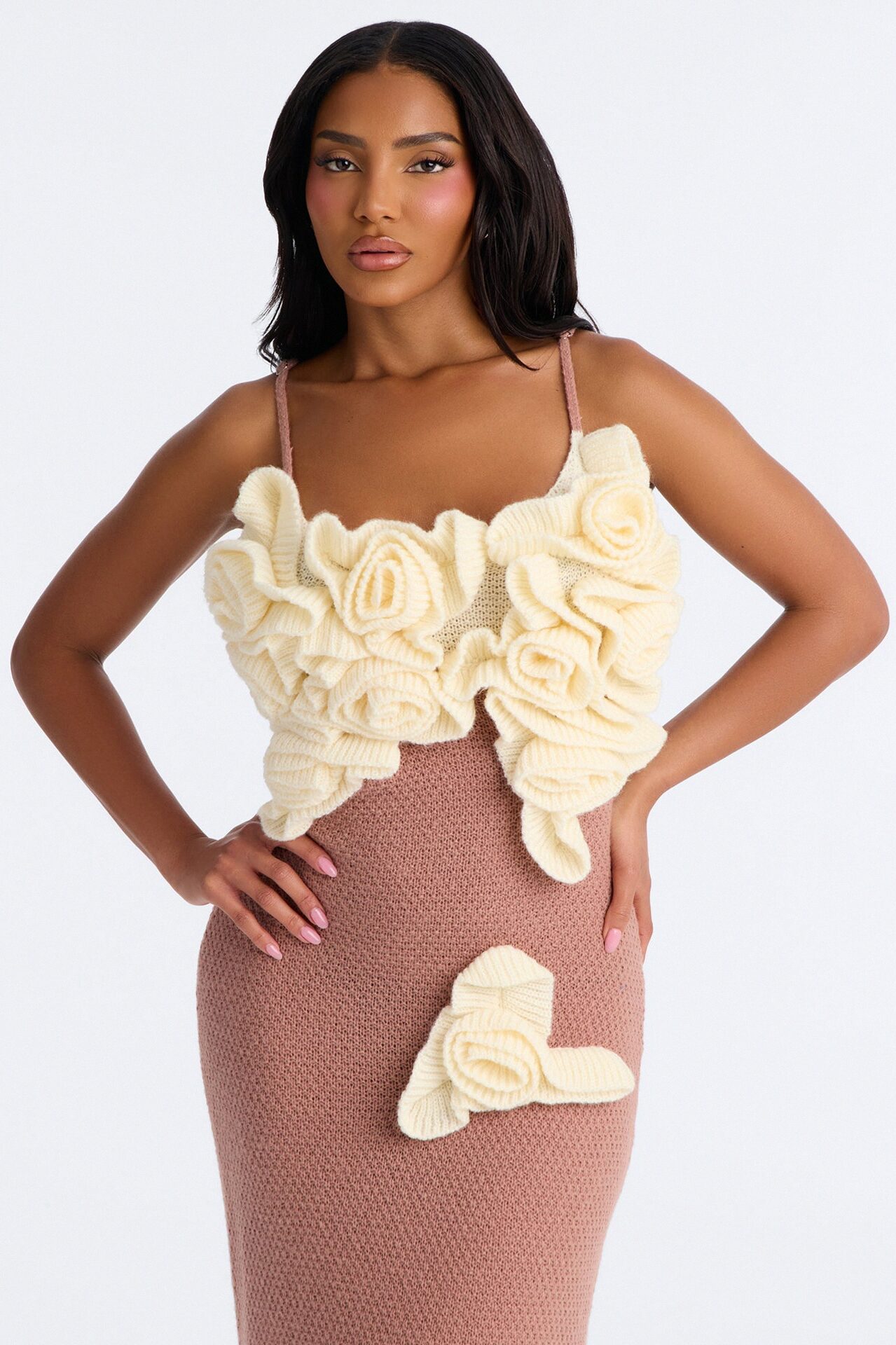 Renae Floral Applique Knit Maxi Dress - Mocha/combo