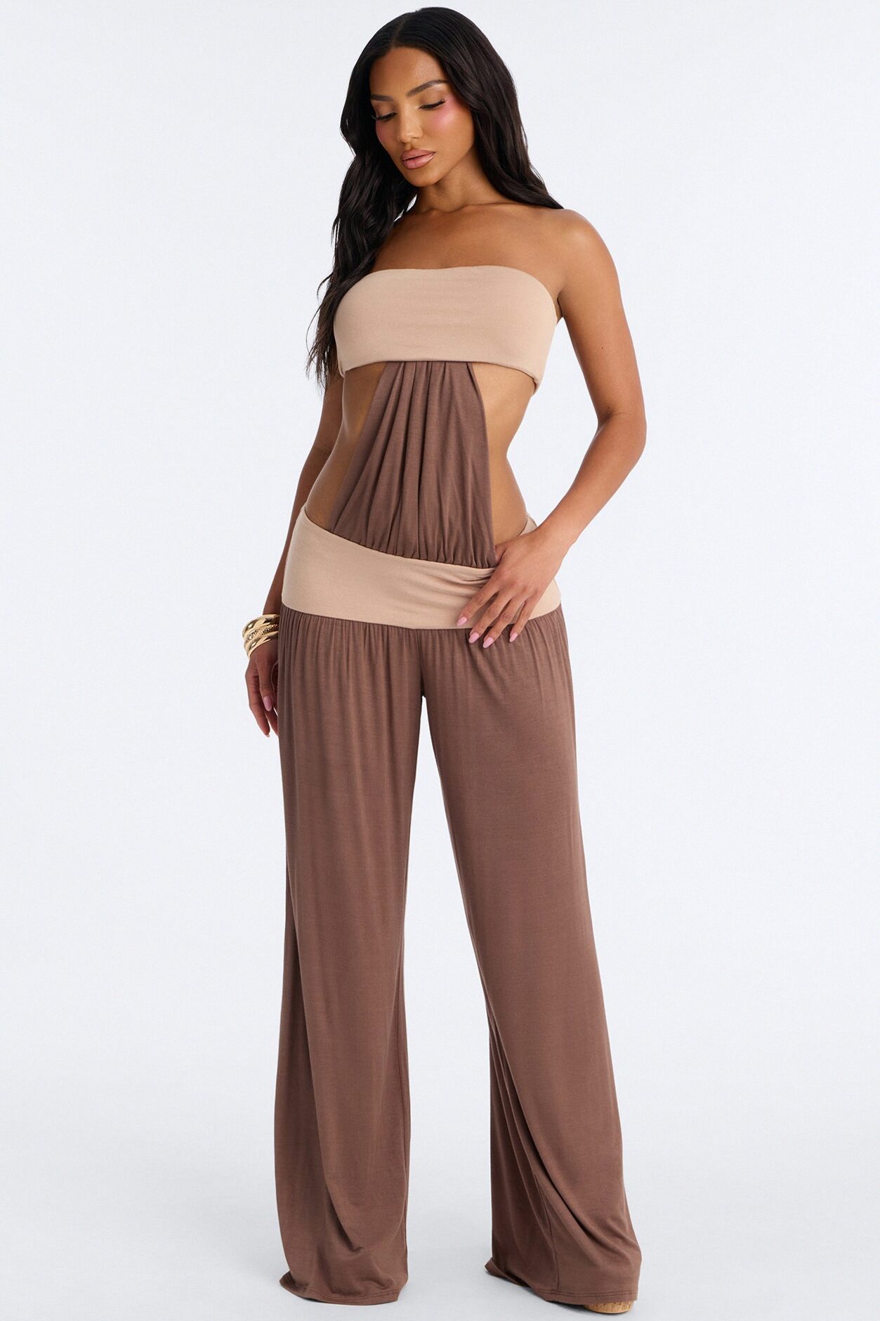 Cleo Contrast Trim Strapless Jumpsuit - Brown
