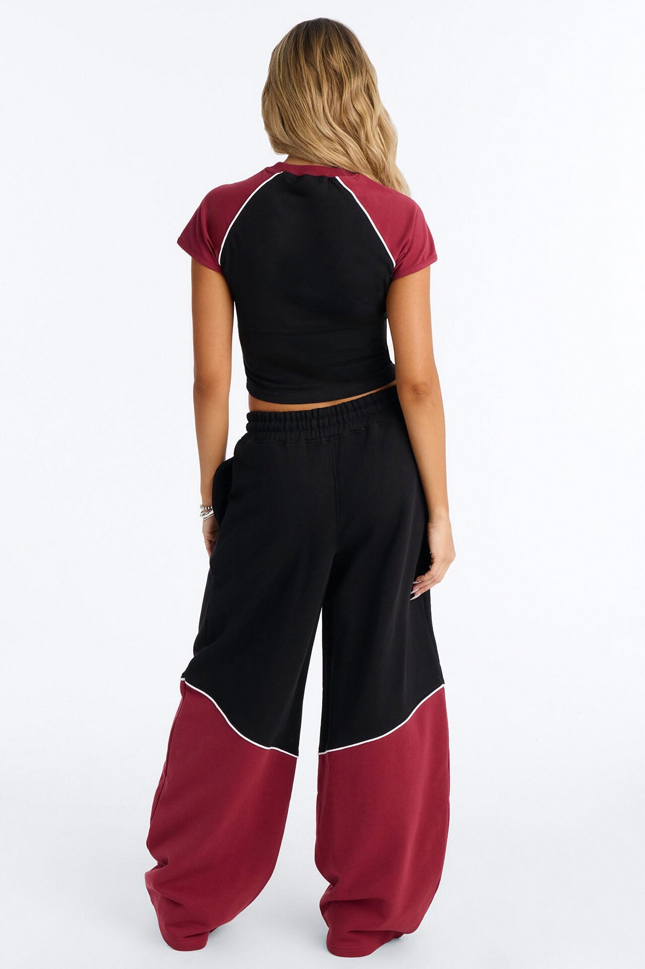 Calia Colorblock French Terry Barrel Leg Pant Set - Black/Red