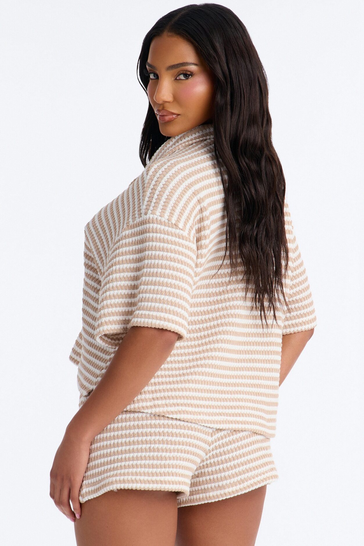 Carlie Crochet Shirt And Short Set - Taupe/combo