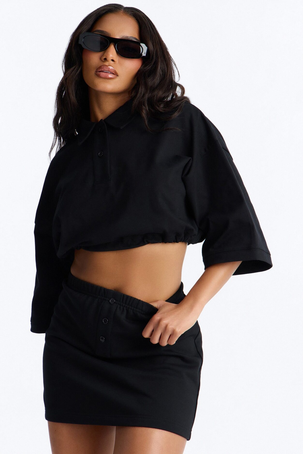 Bella French Terry Mini Skirt Set - Black