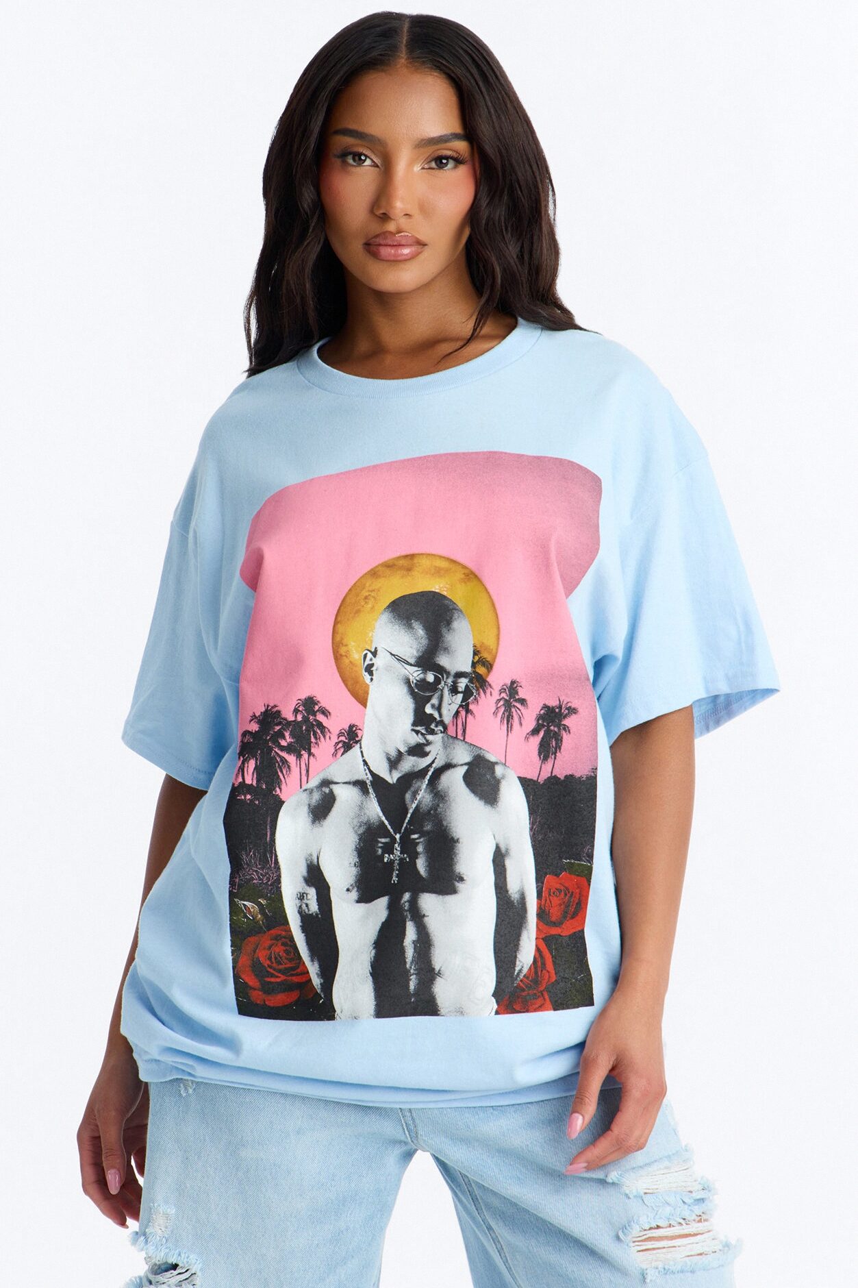 Tupac Sunset Palm Tee - Light Blue
