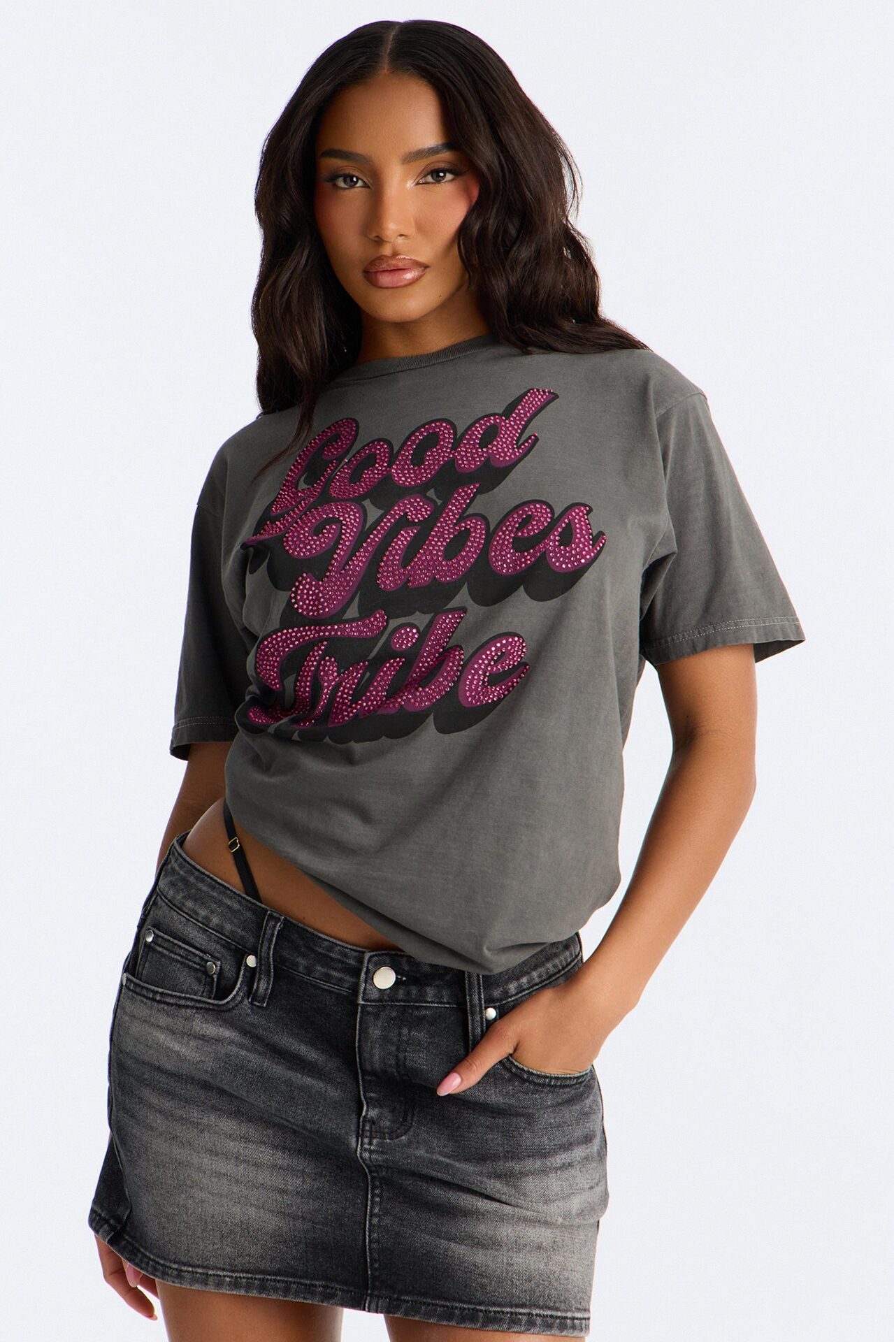 Good Vibes Tribe Washed Rhinestone Tshirt - Charcoal/combo