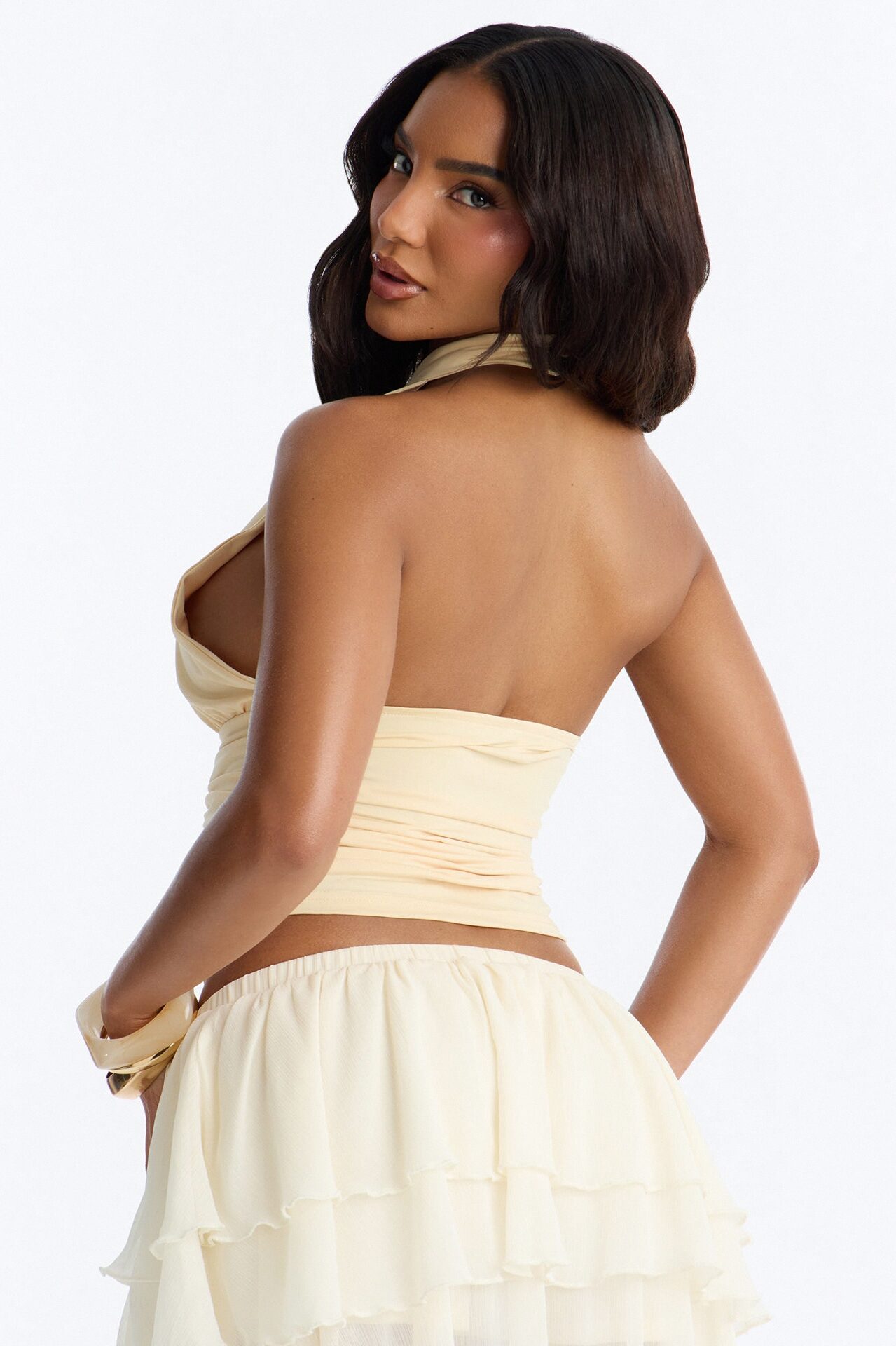Sun Daydream Ruched High Neck Halter Top - Butter Yellow