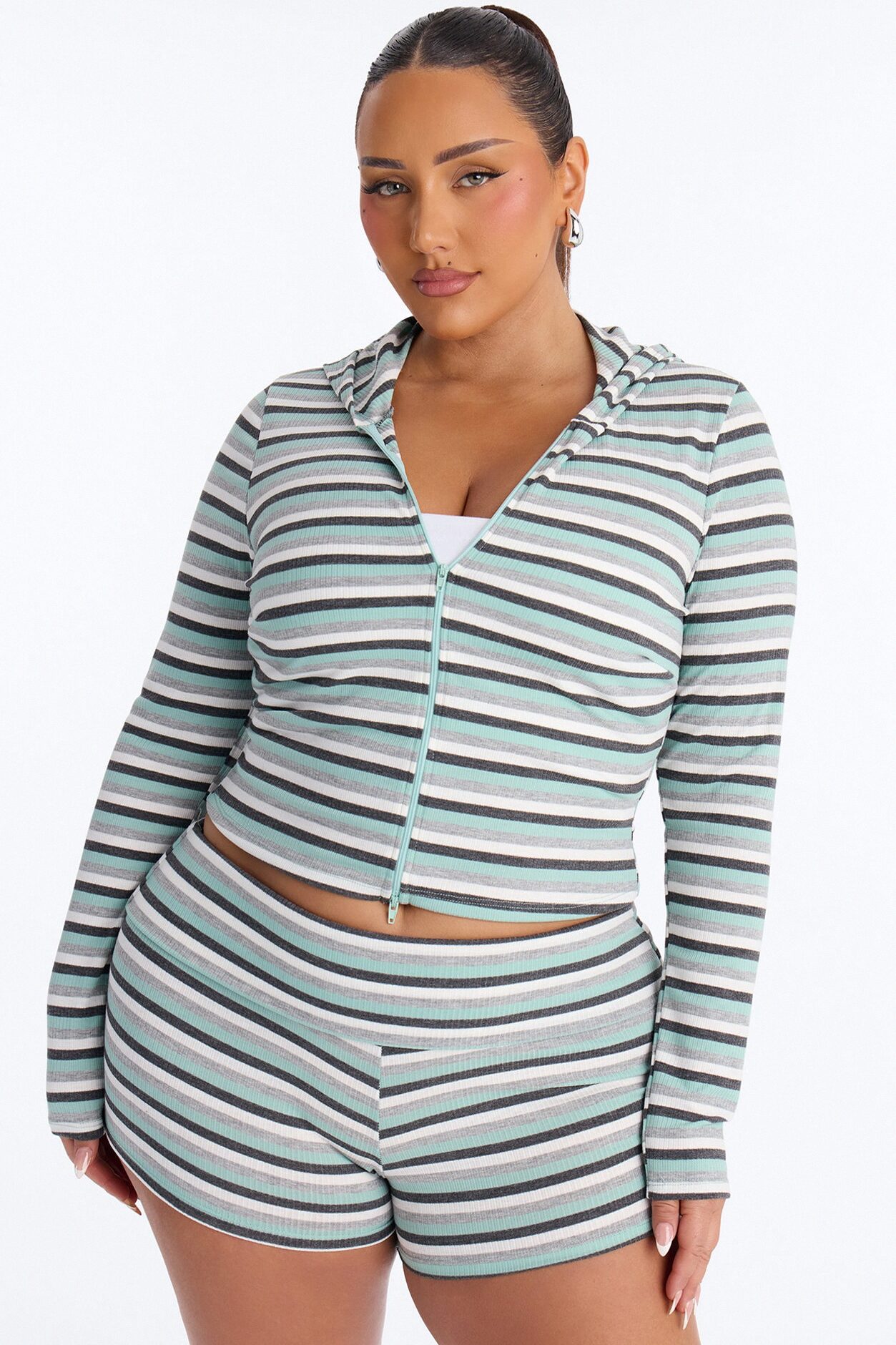 Liliana Striped Ribbed Short Set - Sage/combo