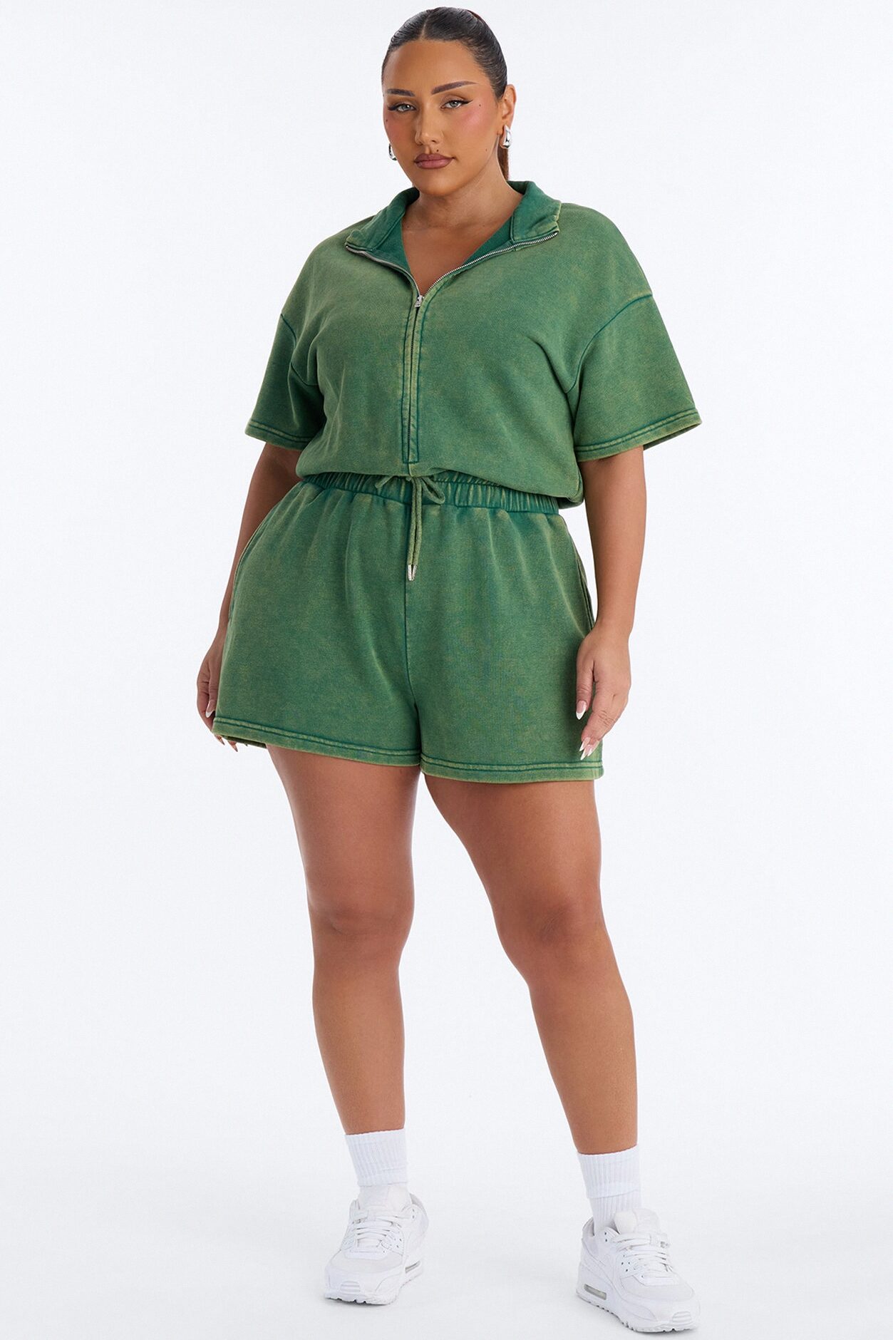 Busy Schedule Washed French Terry Romper - Green
