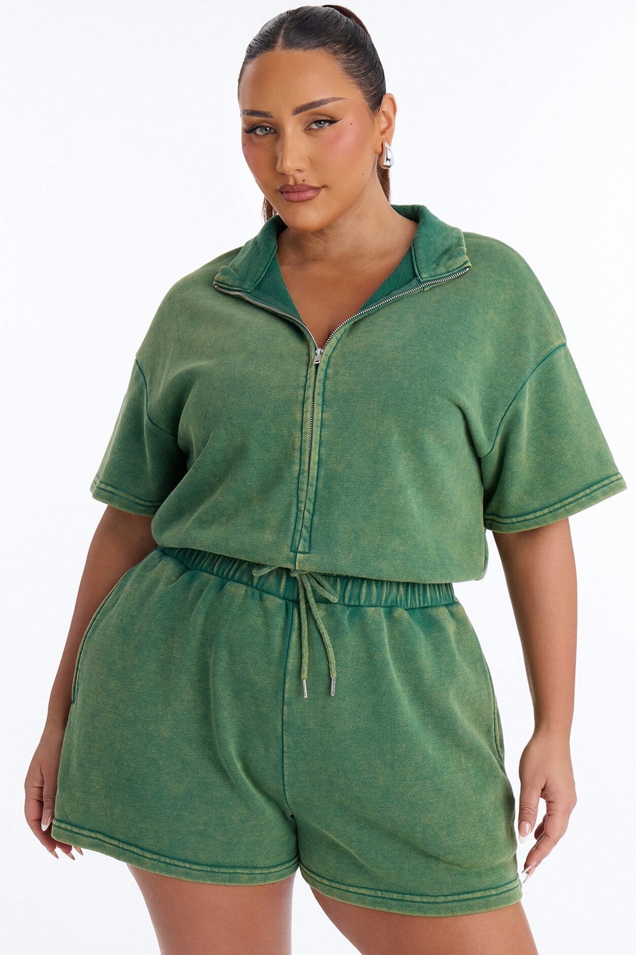 Busy Schedule Washed French Terry Romper - Green