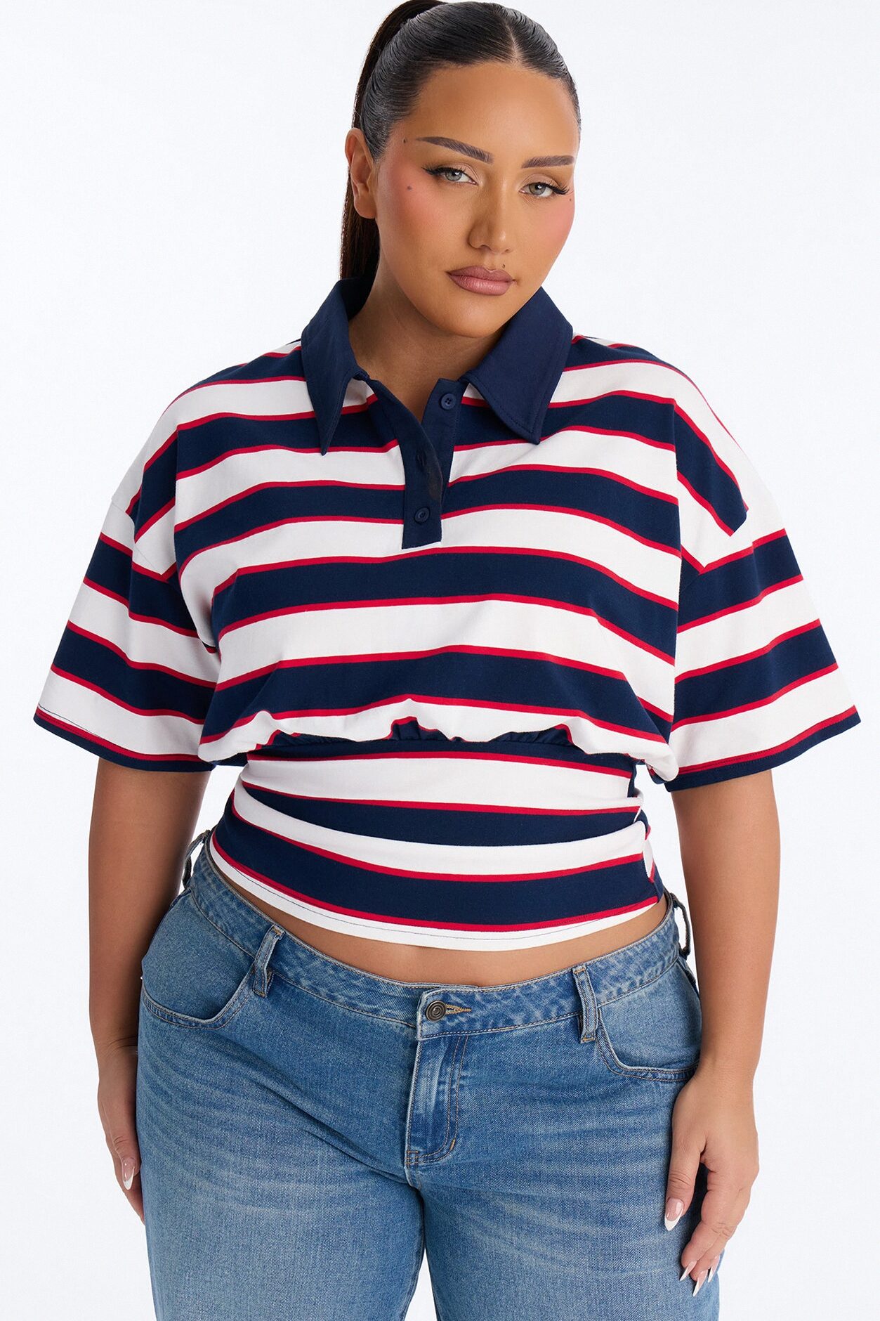Caroline Striped Sinched Waist Short Sleeve Polo - Navy/combo