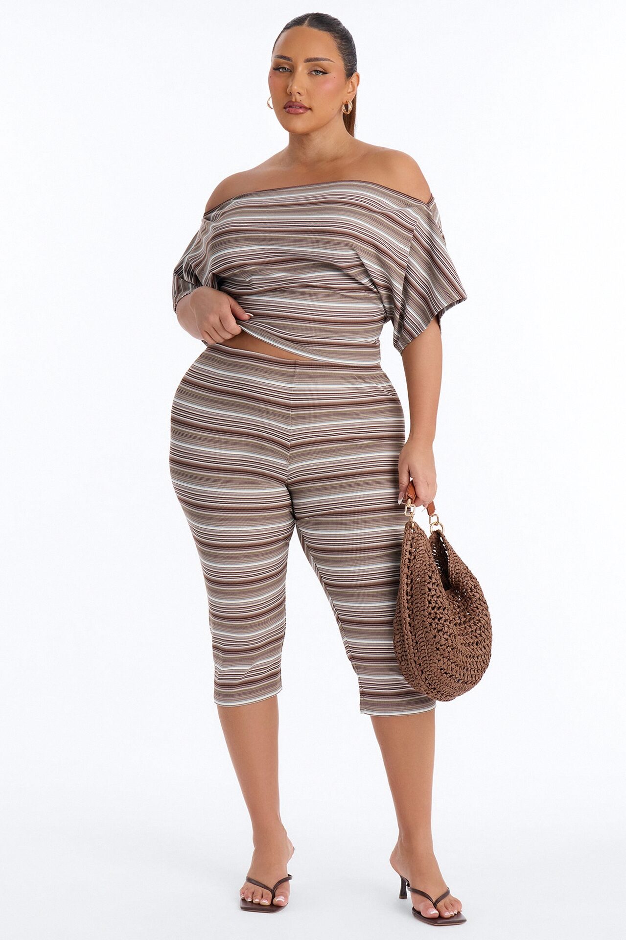 Dalinda Off Shoulder Striped Ribbed Capri Set - Brown/combo