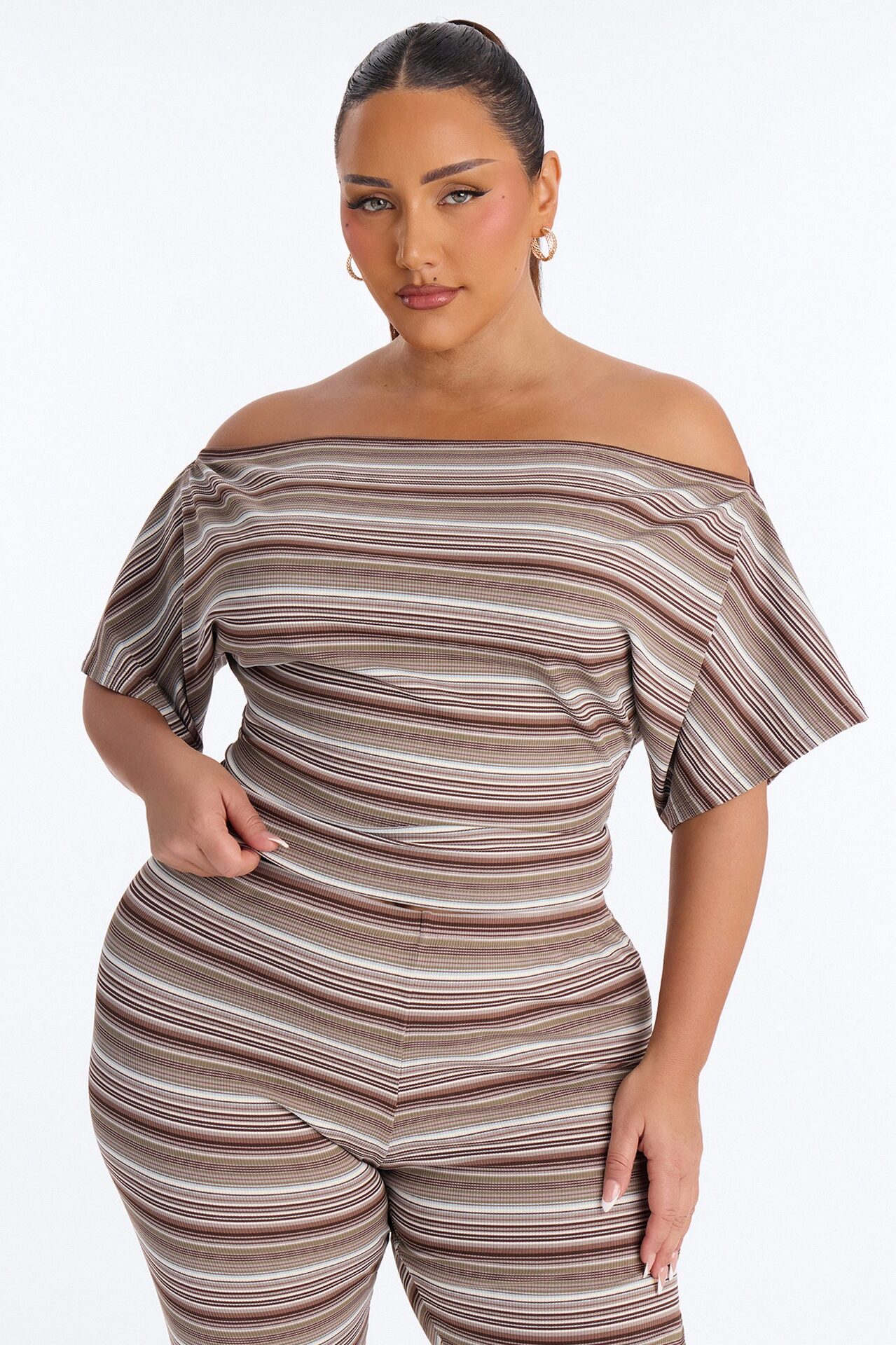 Dalinda Off Shoulder Striped Ribbed Capri Set - Brown/combo