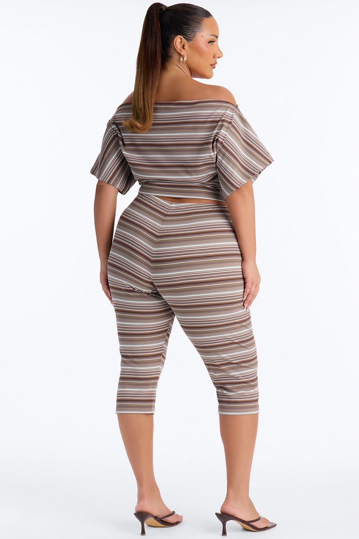 Dalinda Off Shoulder Striped Ribbed Capri Set - Brown/combo