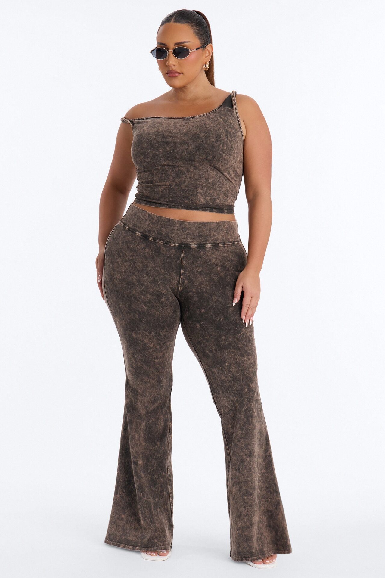 Tiana Off Shoulder Washed Pant Set - Brown
