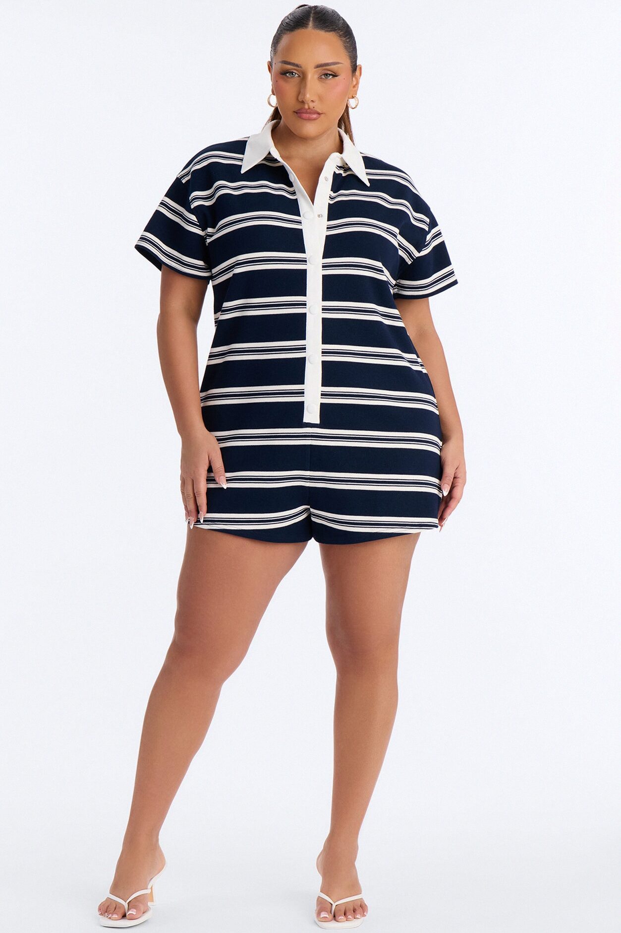 Kyla Striped Short Sleeve Polo Romper - Navy