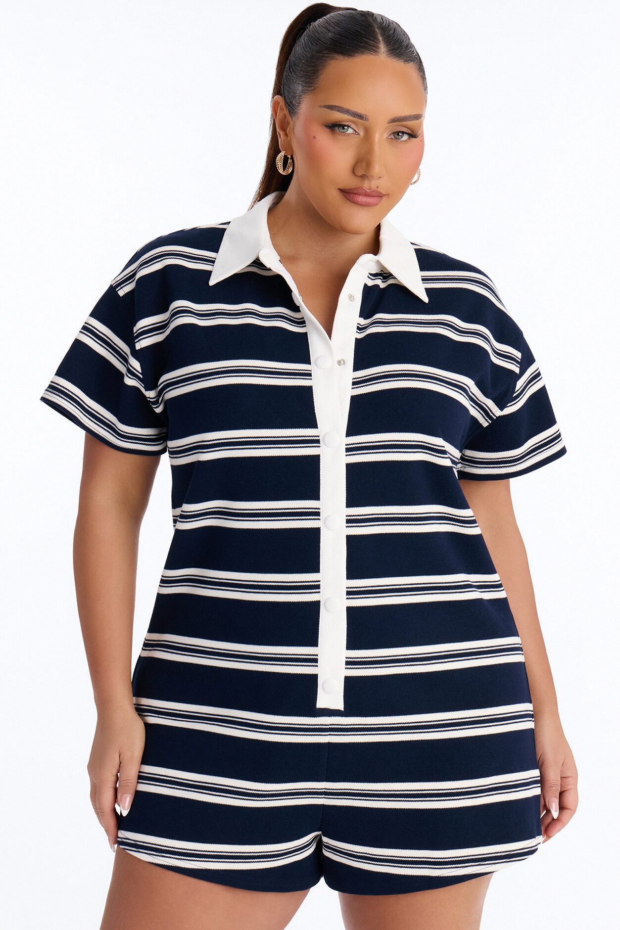 Kyla Striped Short Sleeve Polo Romper - Navy