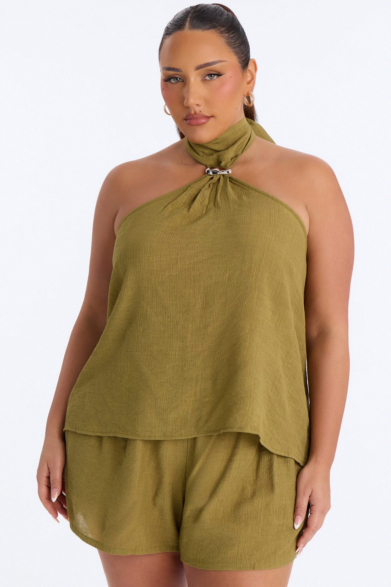 Chloe Halter Textured Short Set - Olive