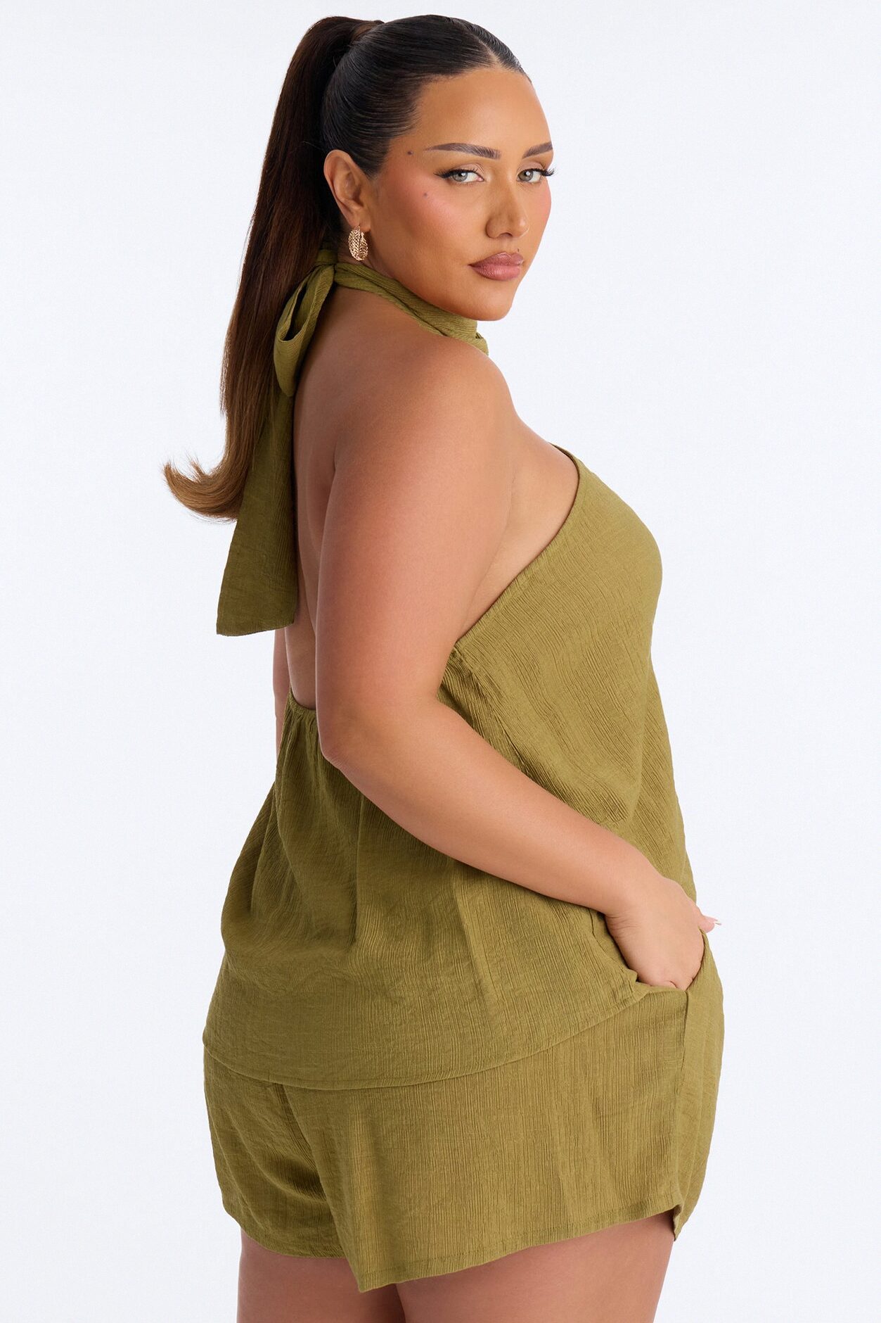 Chloe Halter Textured Short Set - Olive