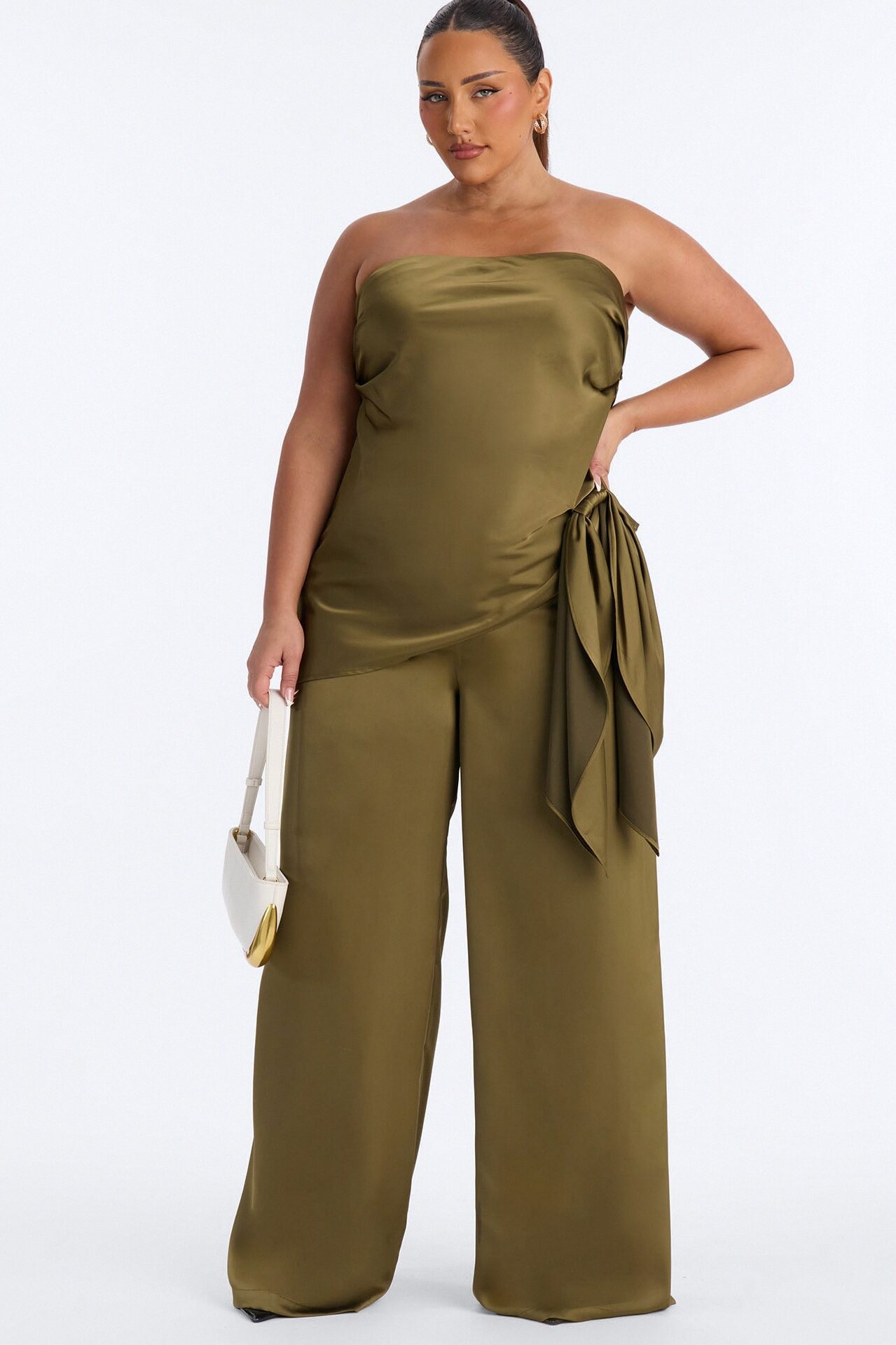 Effortless Strapless Satin Pant Set - Olive